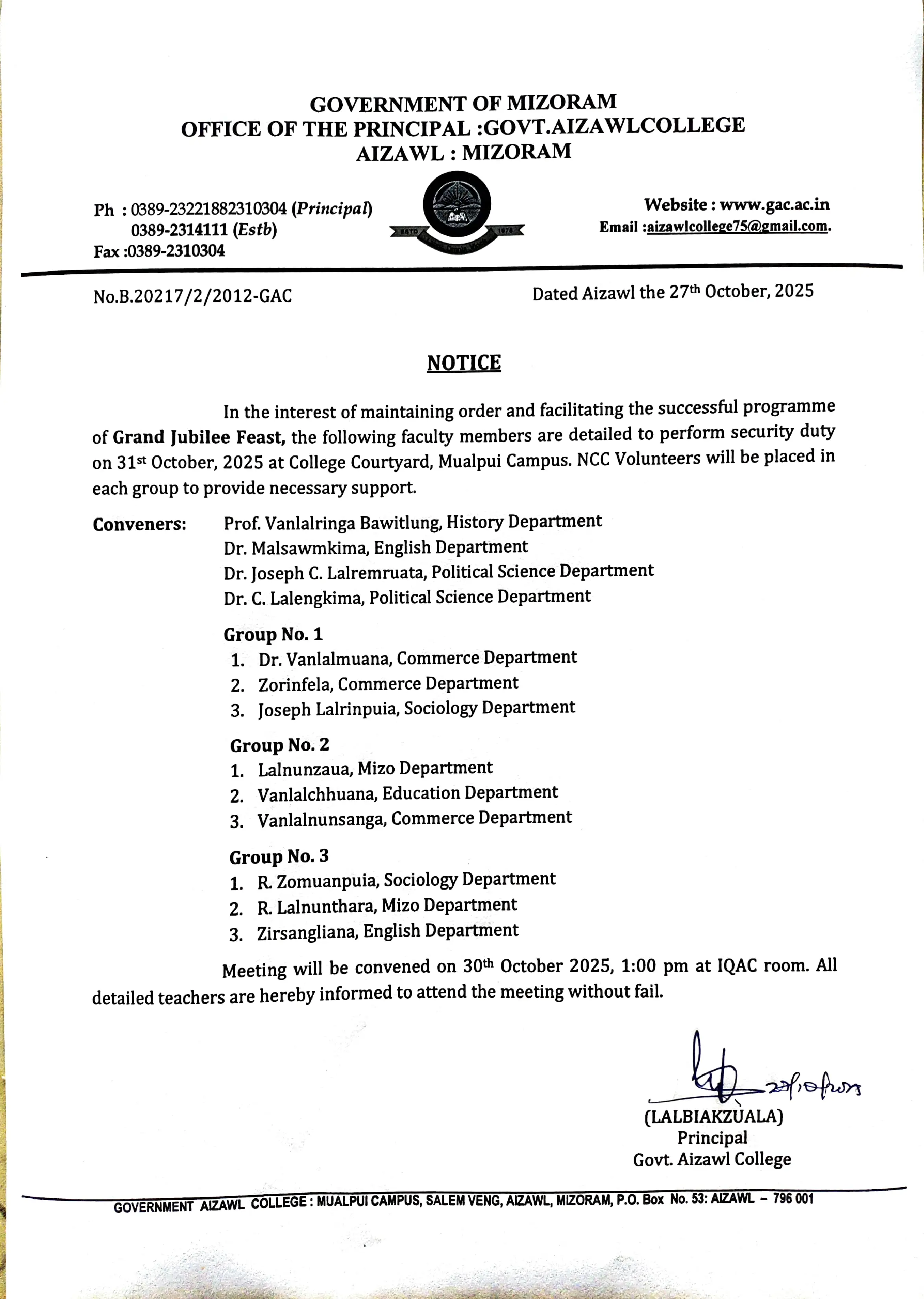 Security Detailment for Grand Feast Dt 27.10.2025