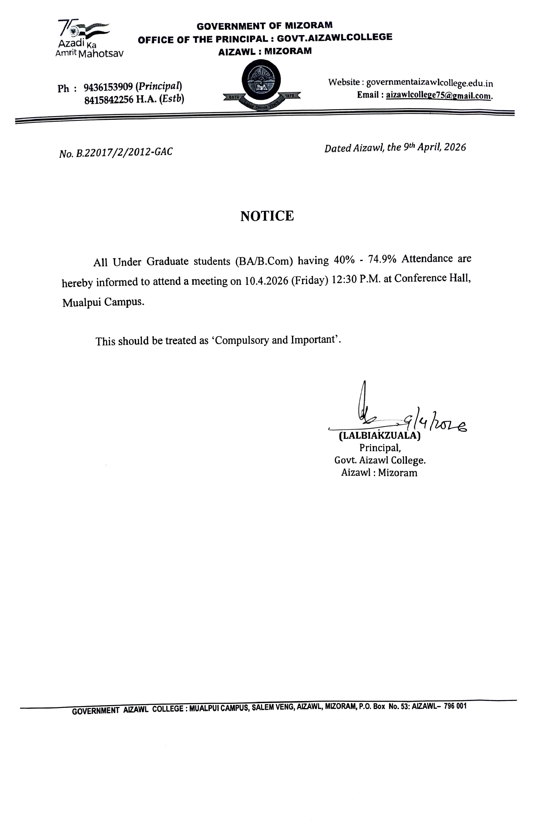 2026.04.09 Notice for Students reg Attendance Shortfall