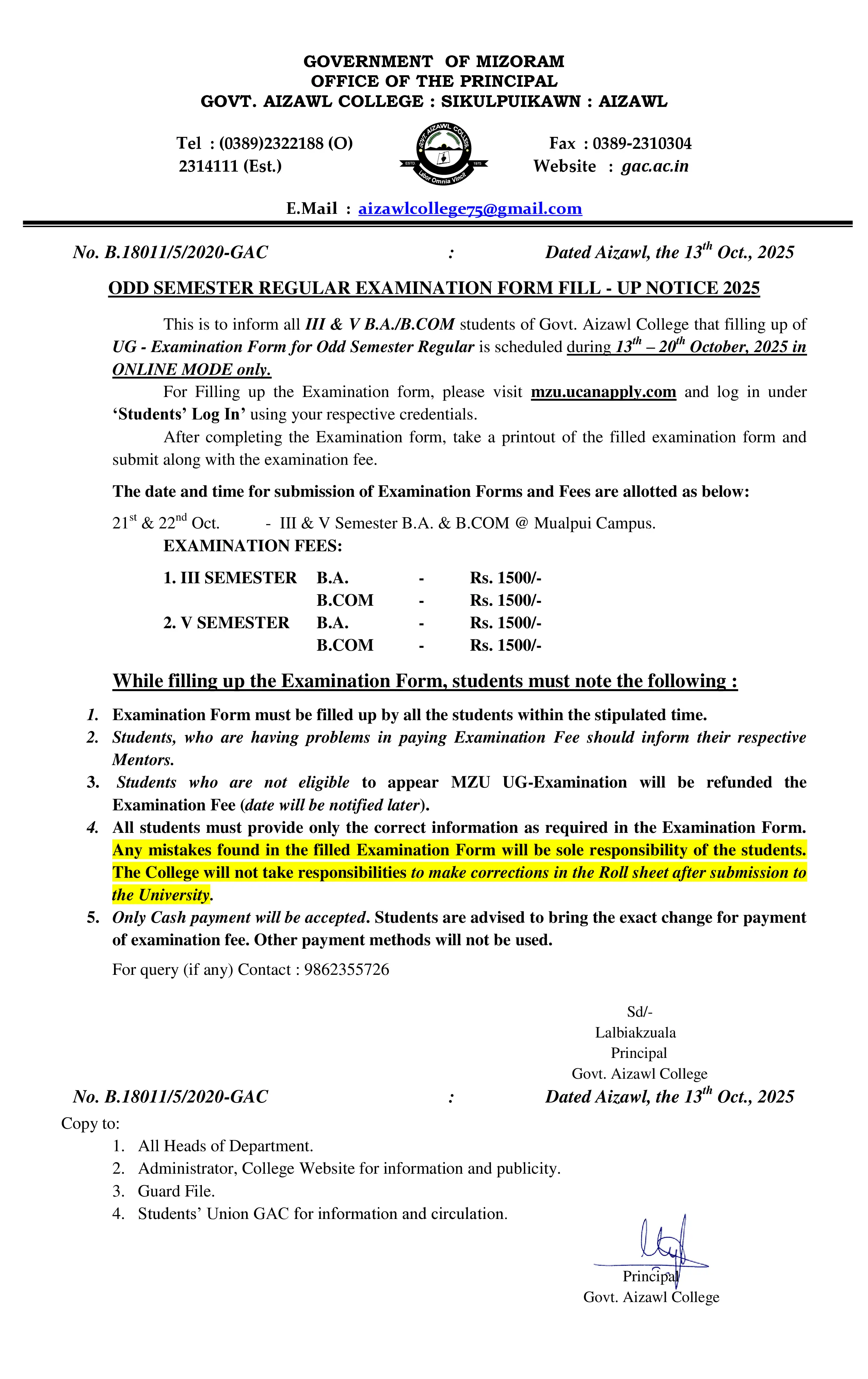 MZU Exam Form Fillup Notice Sem III & V Dt 13.10.2025