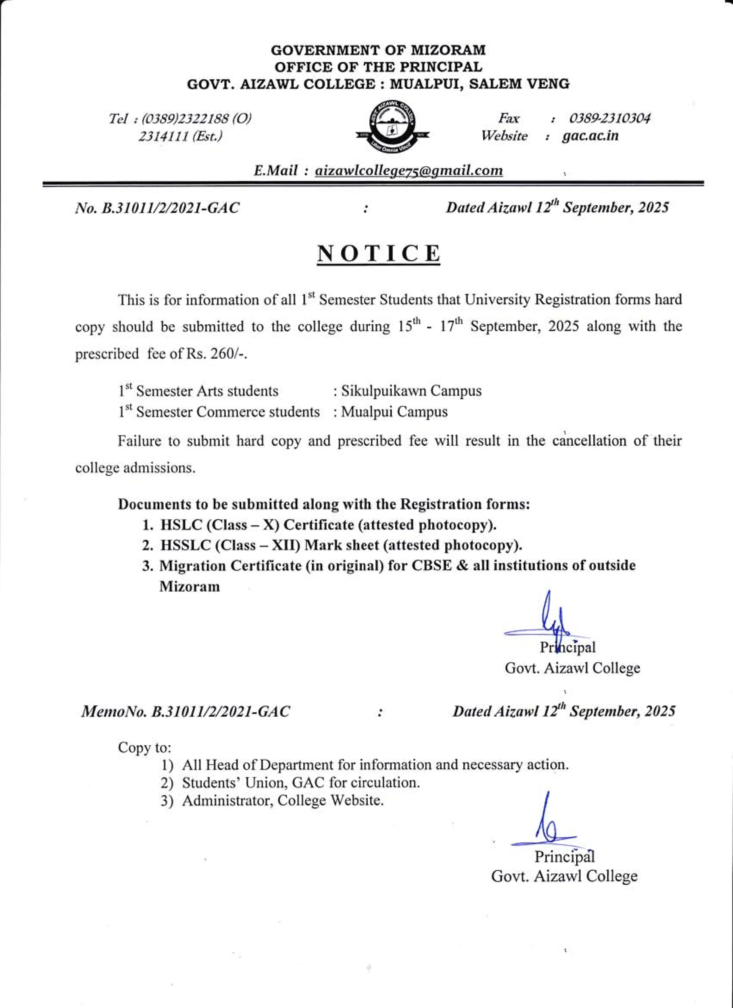Notice for Sem-I MZU Registration Dt 12.09.2025