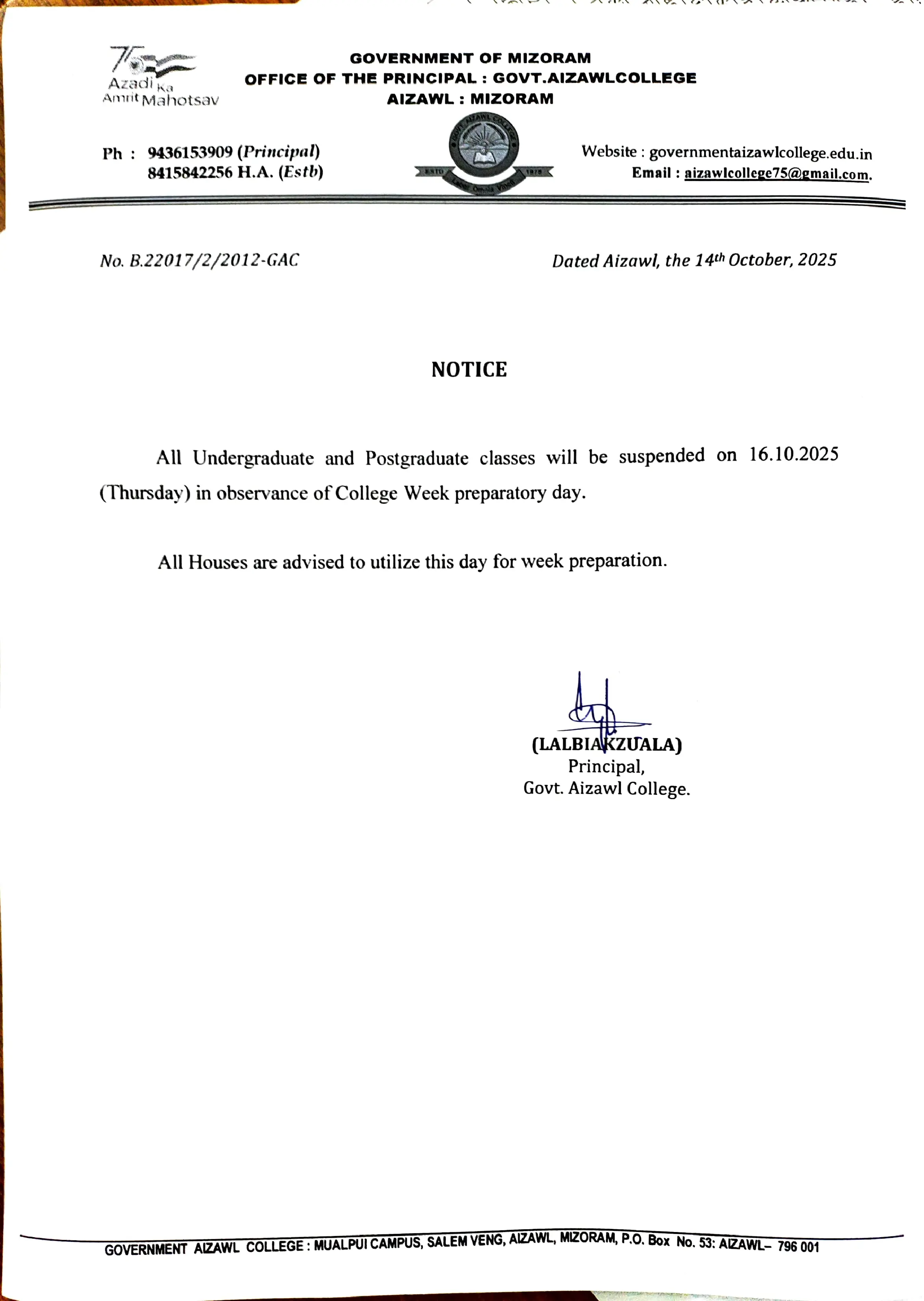 Class Suspension Notice Dt 14.10.2025