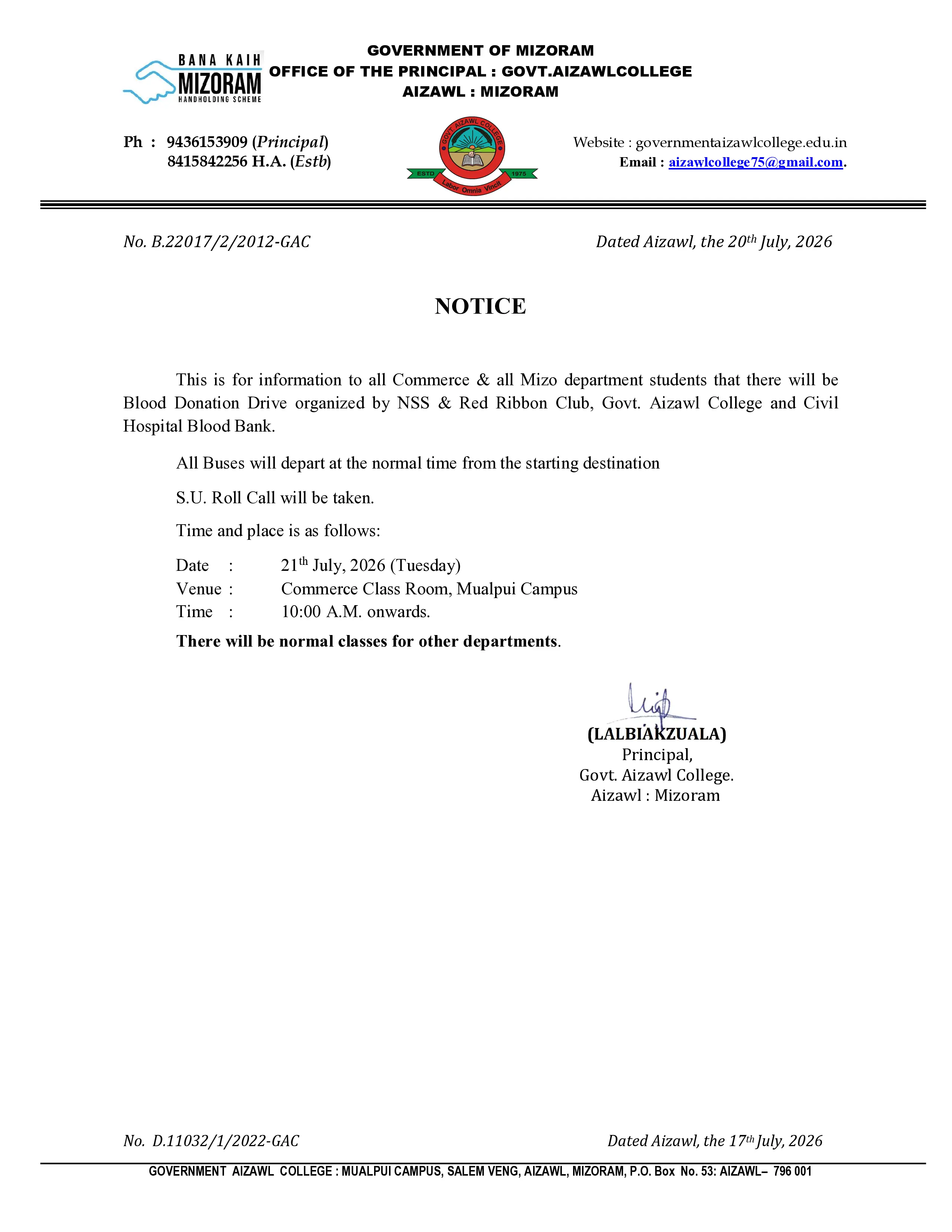 2026.07.20 Blood Donation Notice for Commerce & Mizo Dept 2026.07.20 Blood Donation Notice for Commerce & Mizo Dept