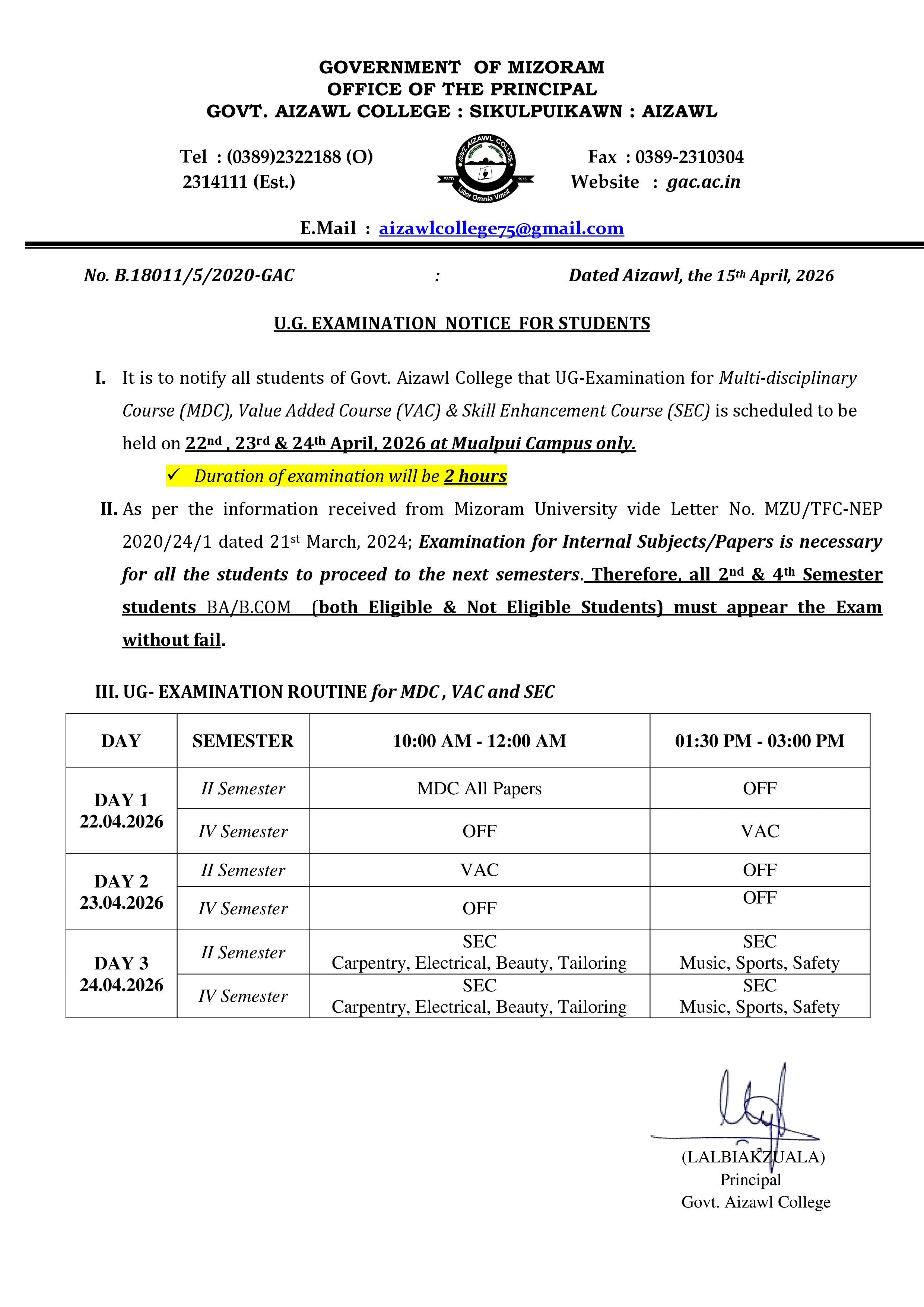 Notice for Students Regarding VAC, SEC MDC Final Exam Dt 15.04.2026