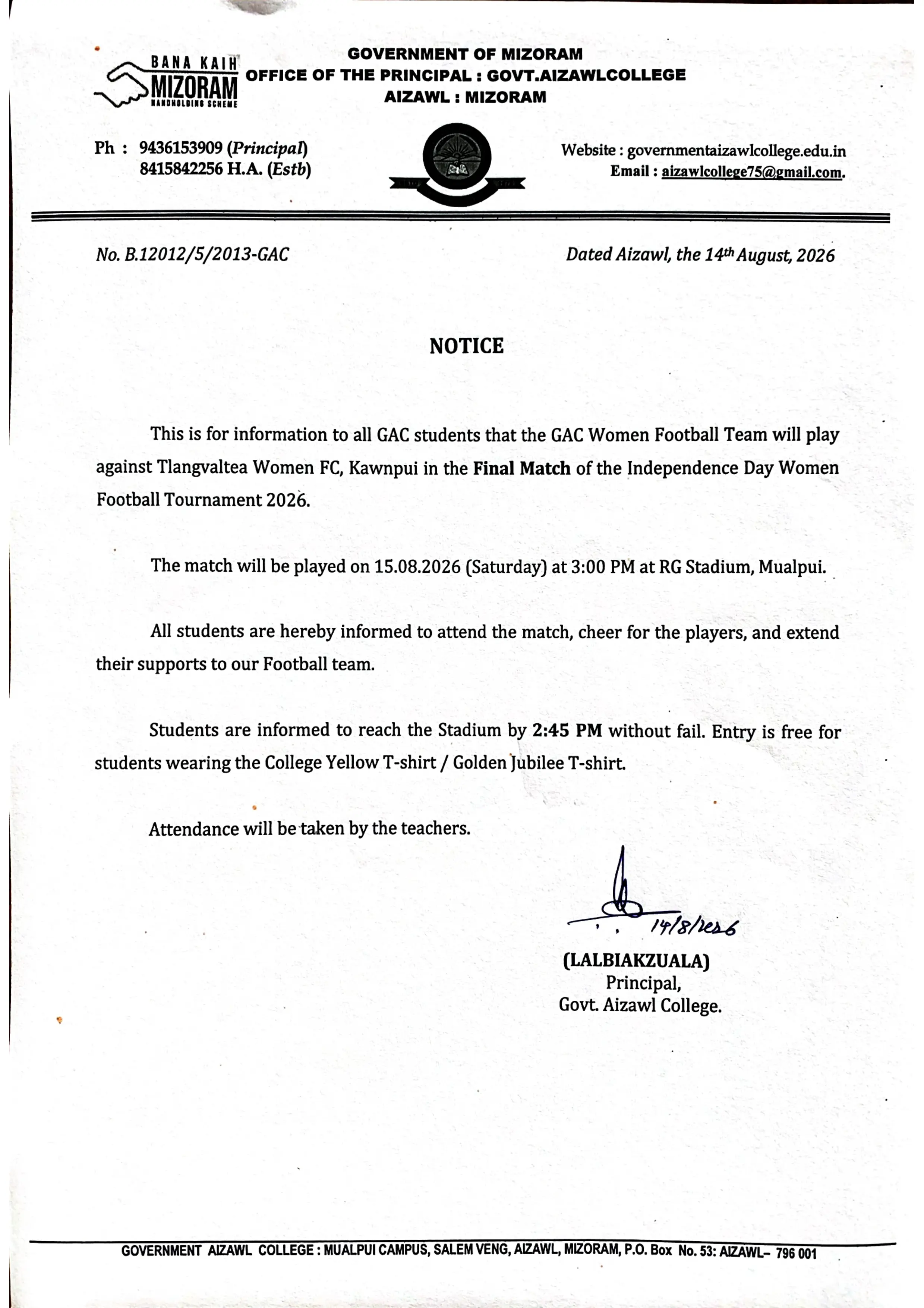 2026.08.14 Students Notice re I-Day Match Attendance