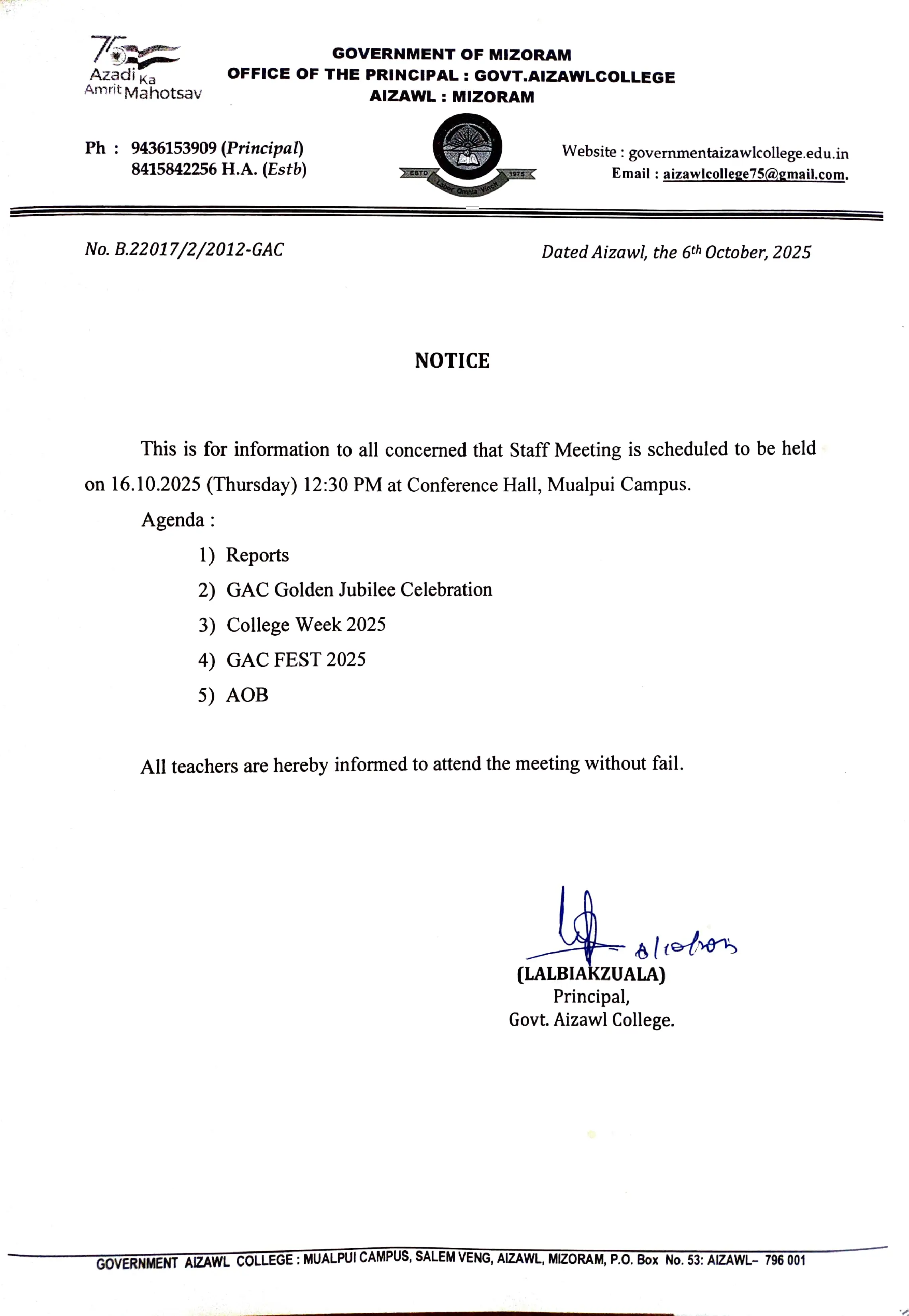 Staff Meeting Notice Dt 06.10.2025