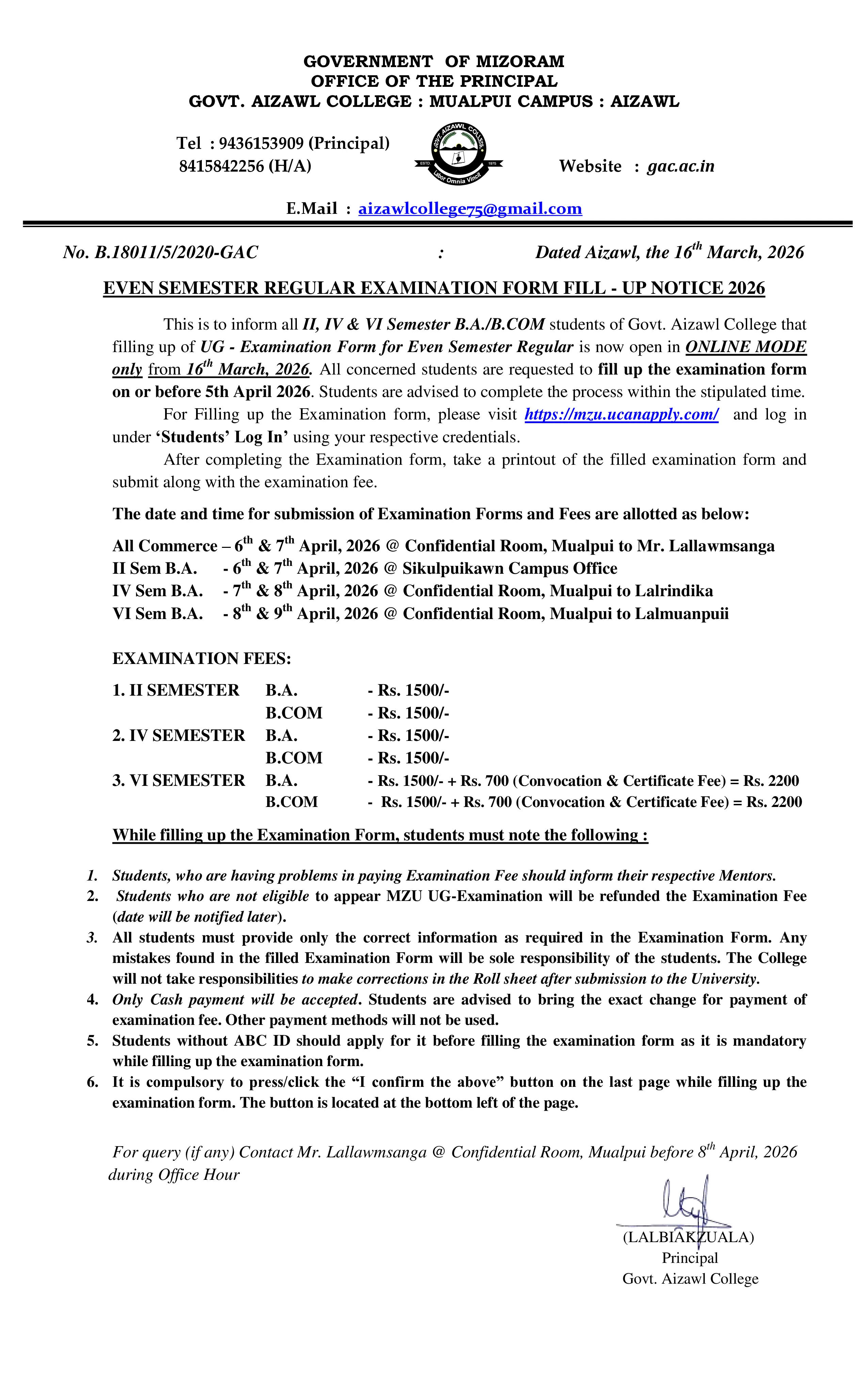 2026.03.16 Regular MZU Exam Form Fillup Notice