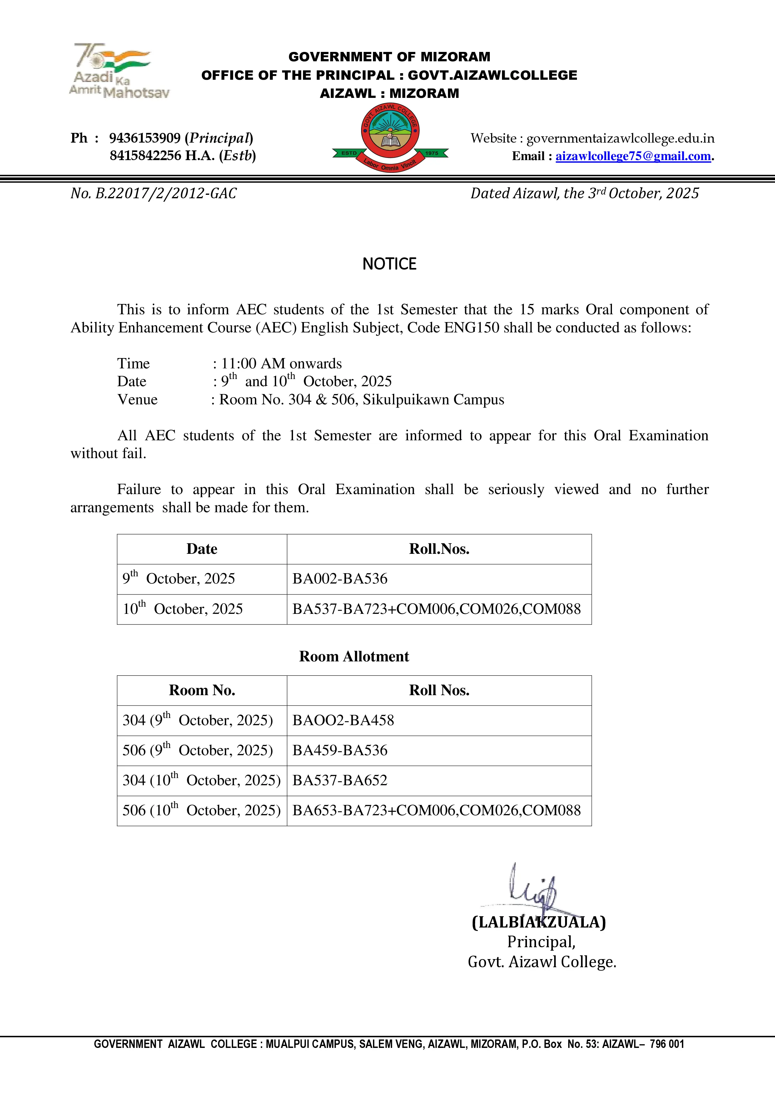 AEC Oral Test Notice for Sem I Dt 03.10.2025