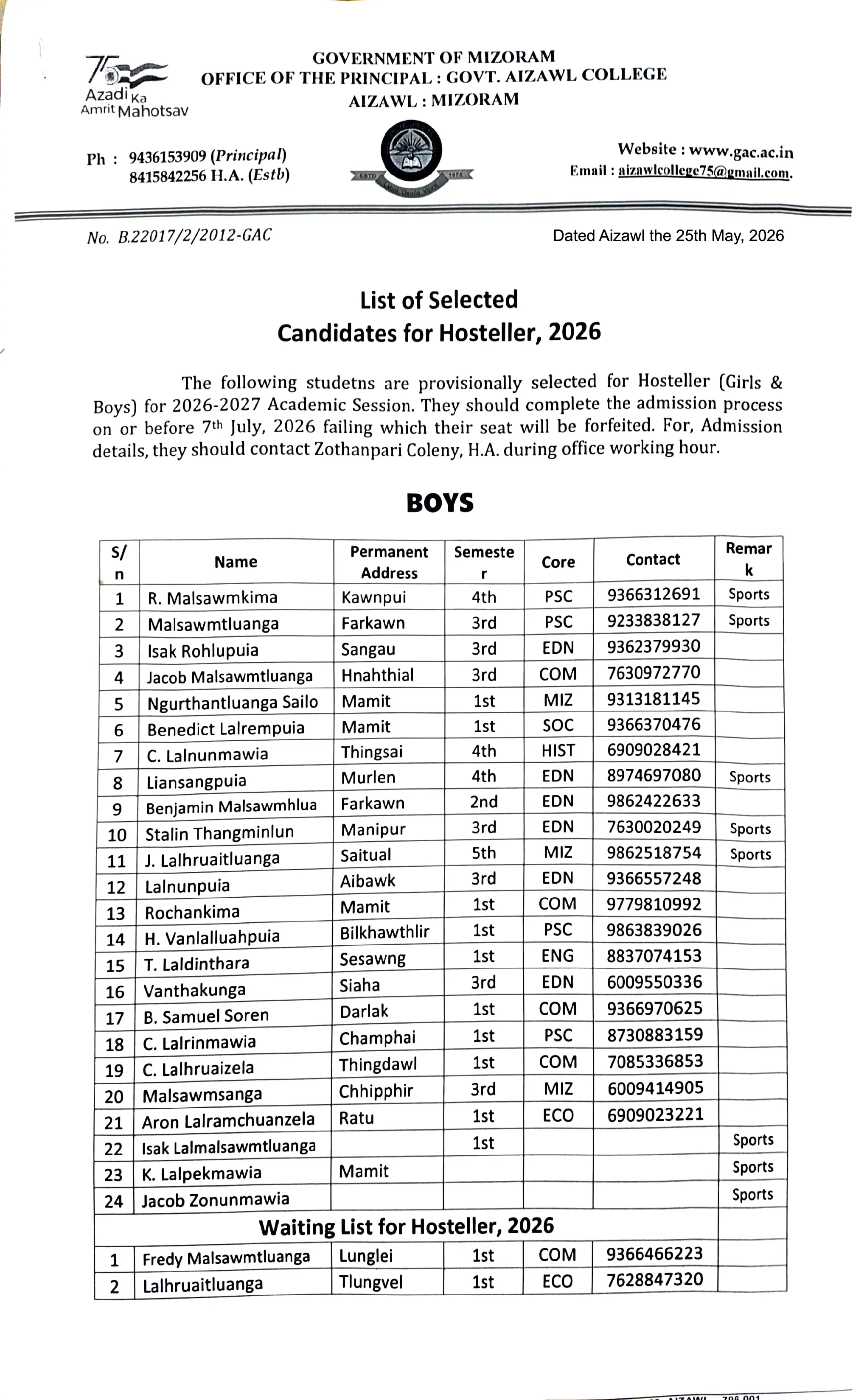 Selected Hostellers List 2026-2027 Dt 25.05.2026