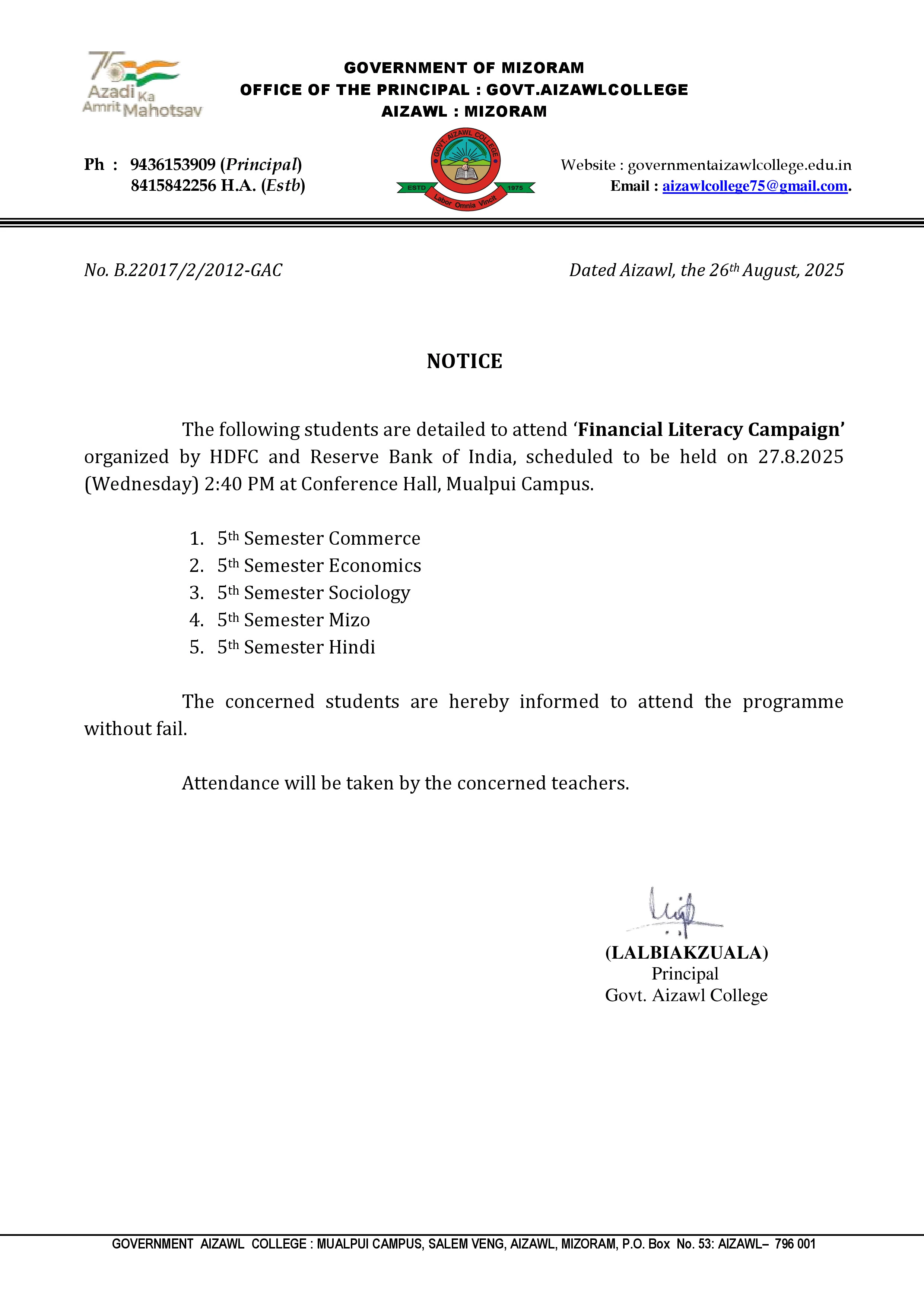 Notice for Financial Literacy Campaign Dt 26.08.2025