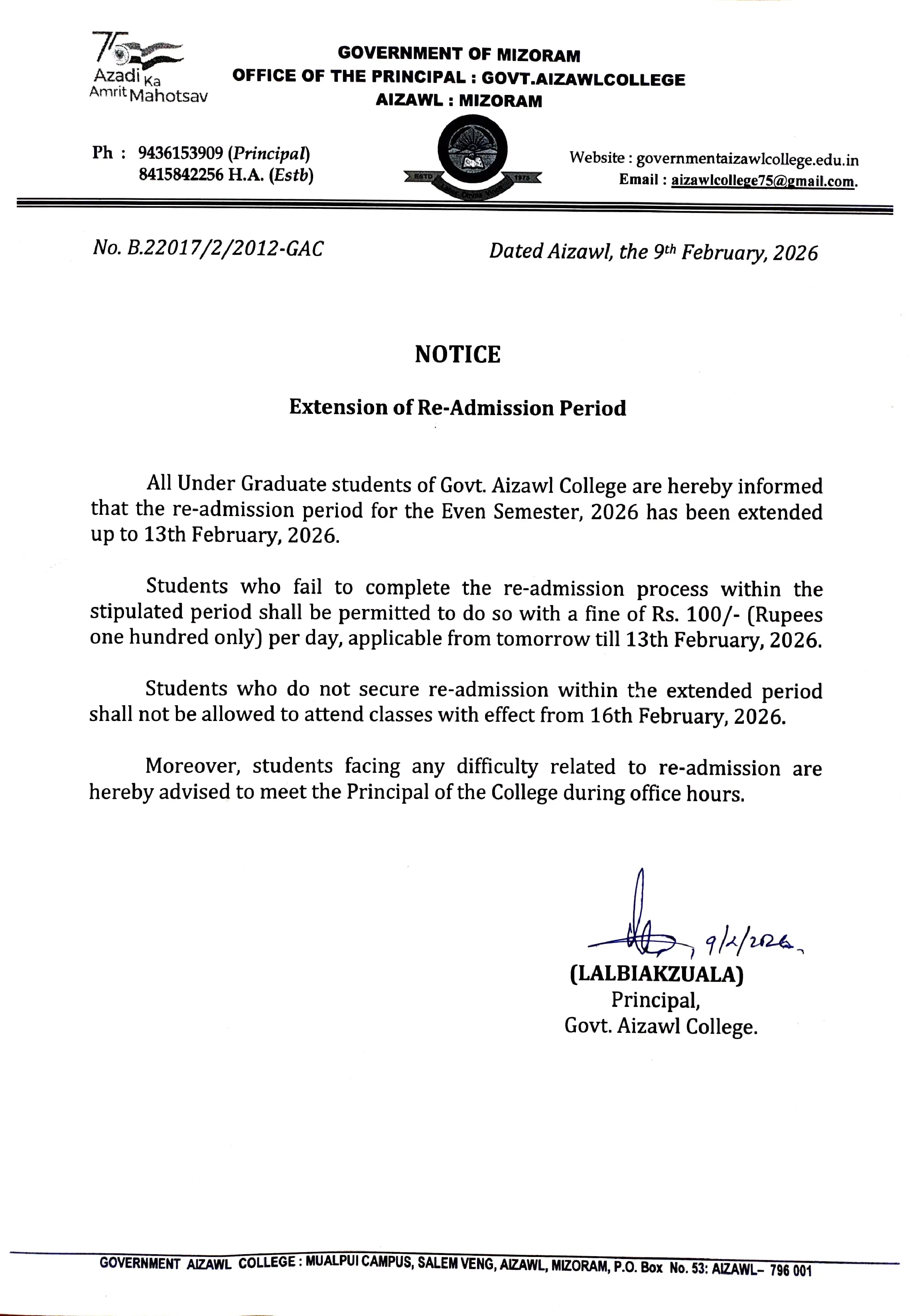 2026.02.09 Notice re Extension Of Re-Admission Period