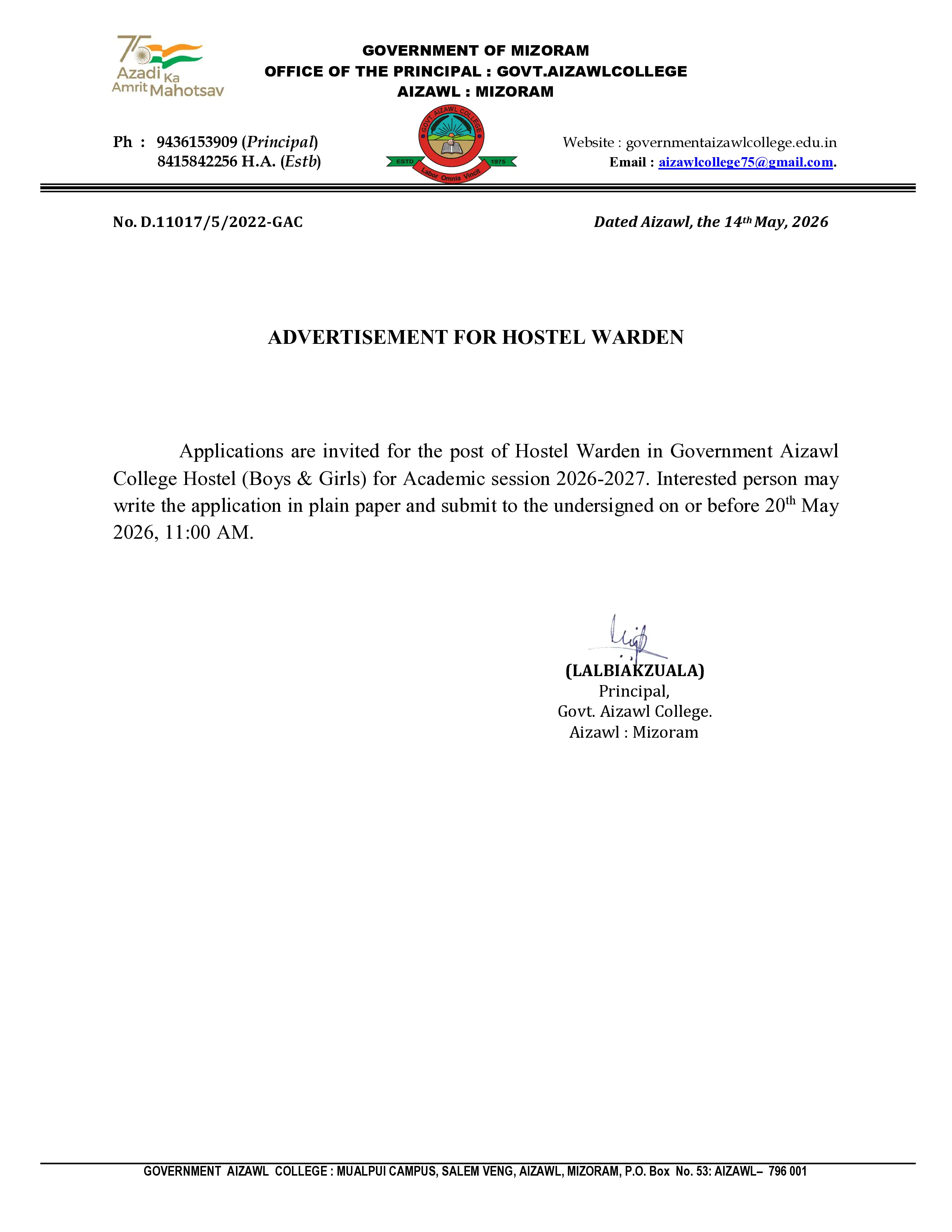 2026.05.14 Advertisement for Hostel Warden