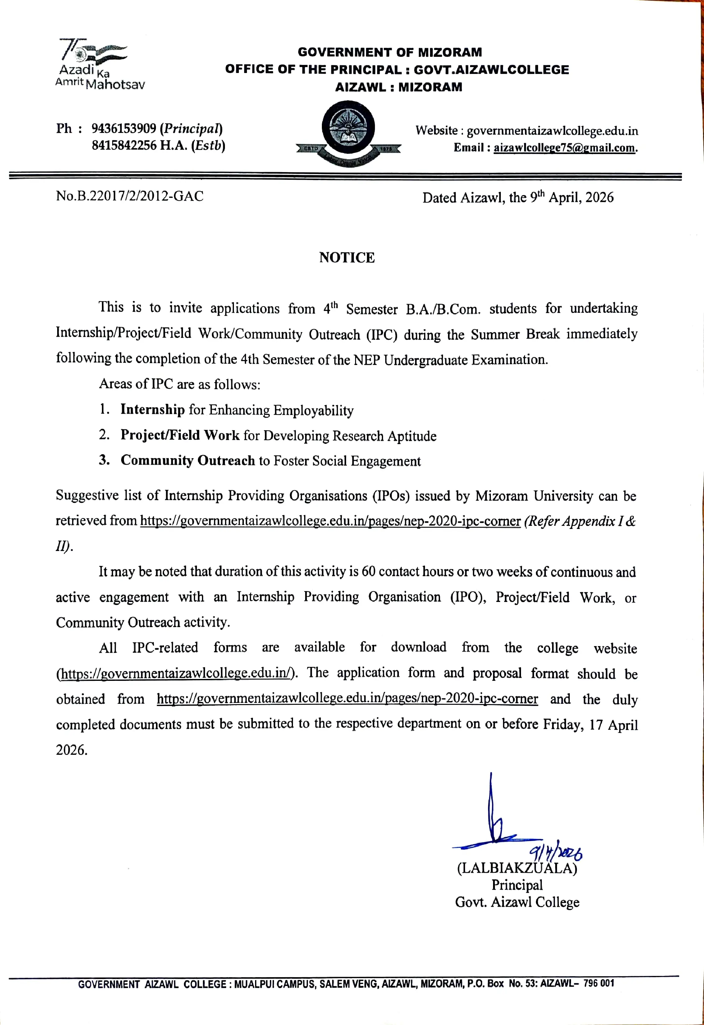 2026.04.09 Notice for Sem-IV BA & BCom - IPC Application Form Submission