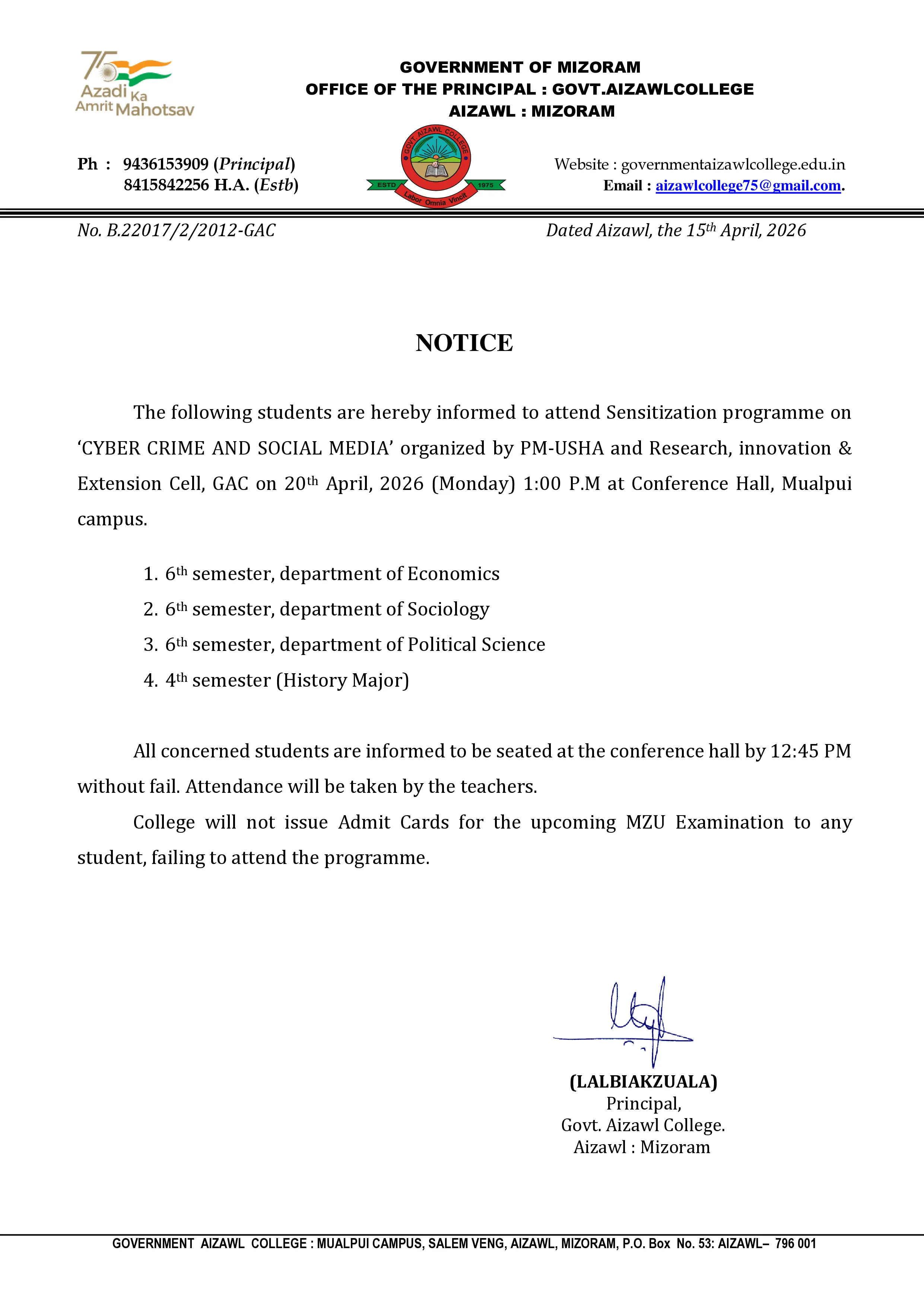 2026.04.15 Notice for Sem VI (Eco, Socio, Pol Sc) & Sem IV (History)