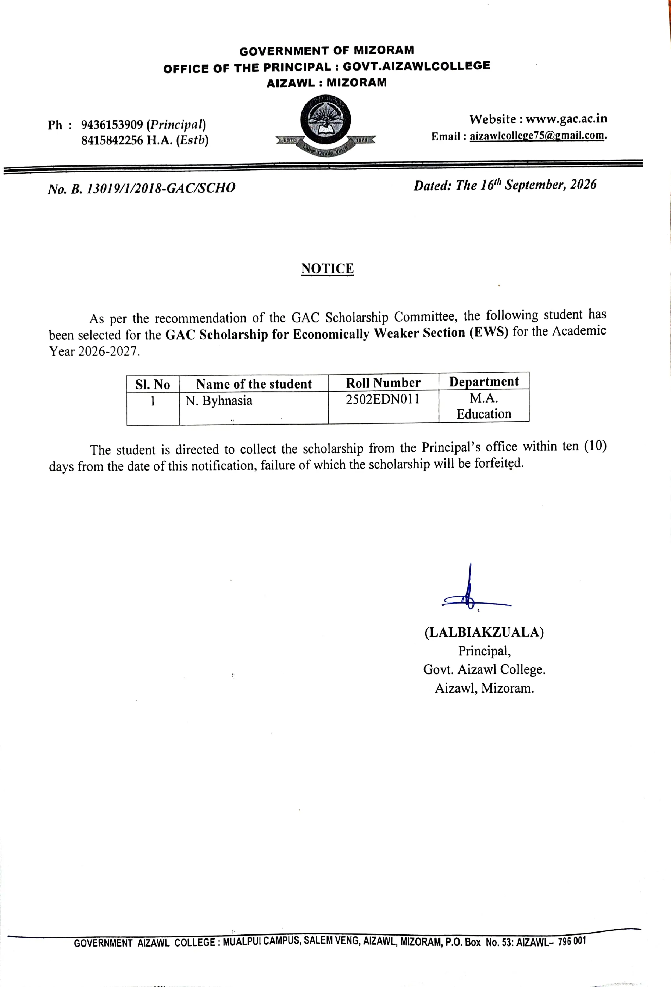 GAC Scholarship For EWS