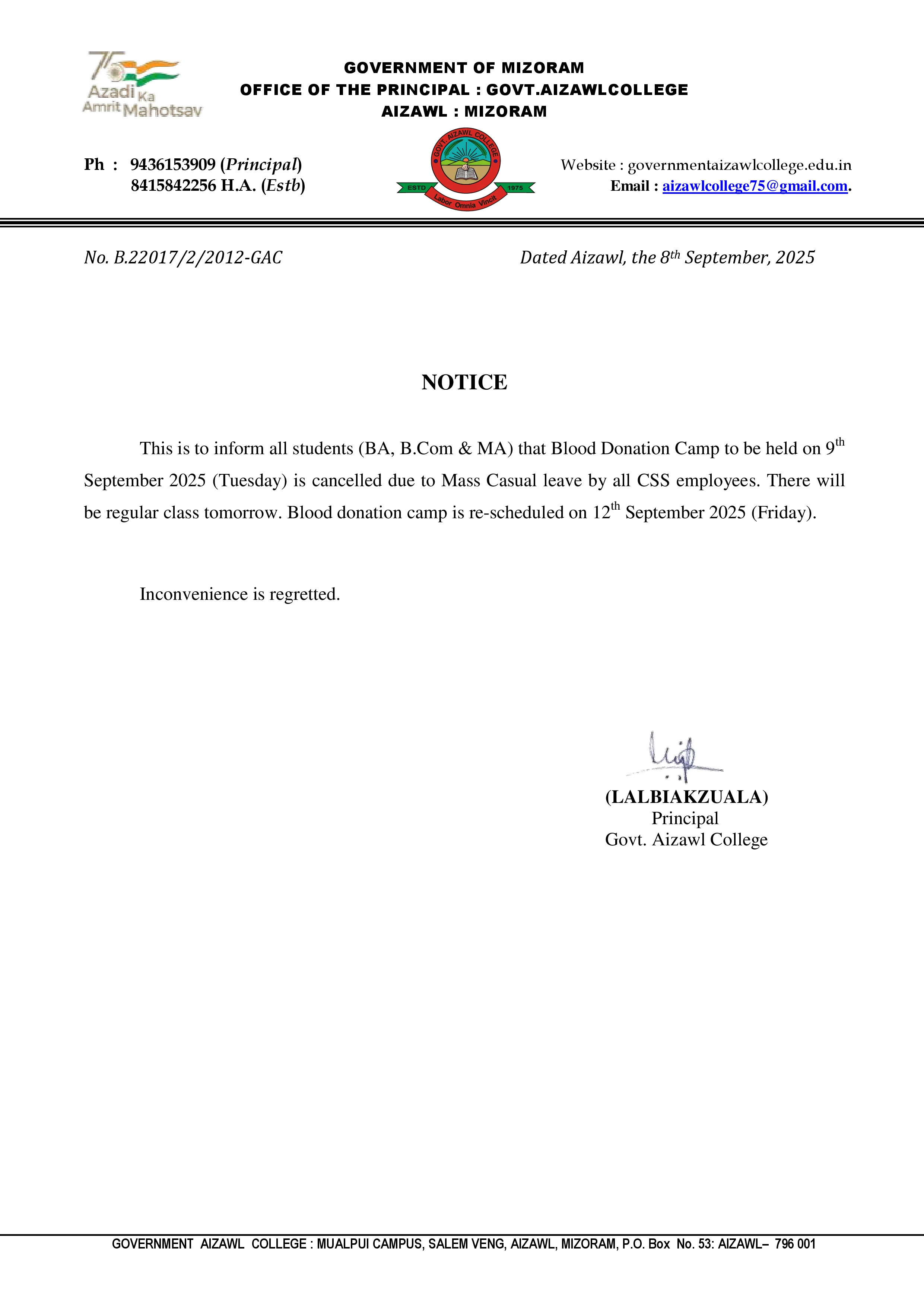 Notice Rescheduled Blood Donation Camp Dt 08.09.2025