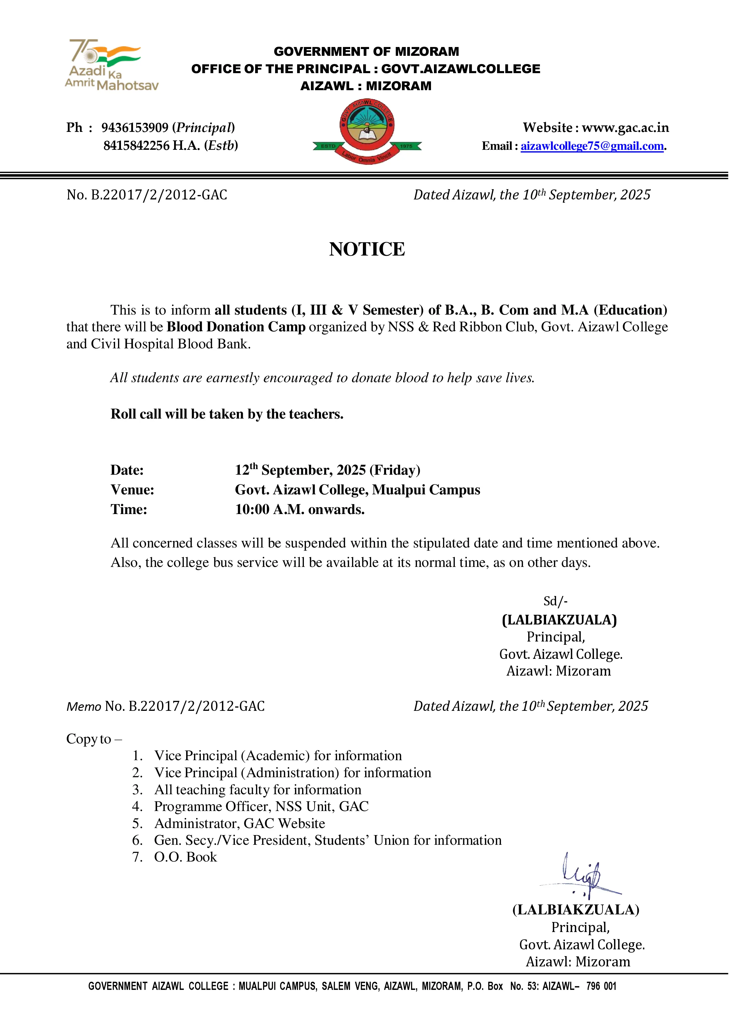 Notice for Blood Donation Camp Dt 10.09.2025