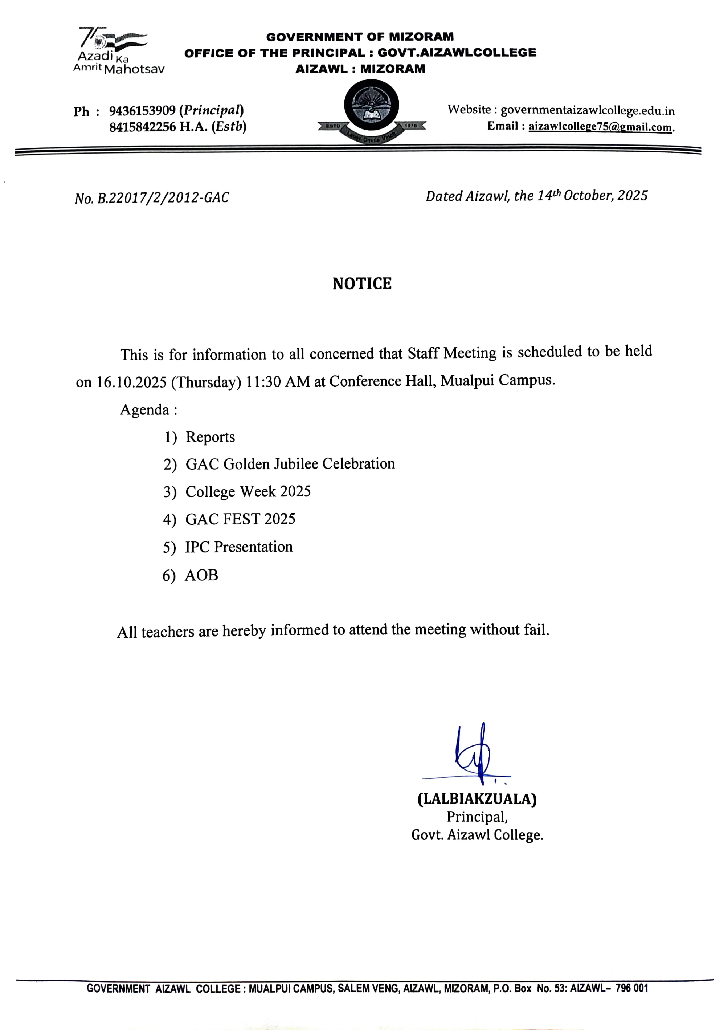 Staff Meeting Notice Dt 14.10.2025