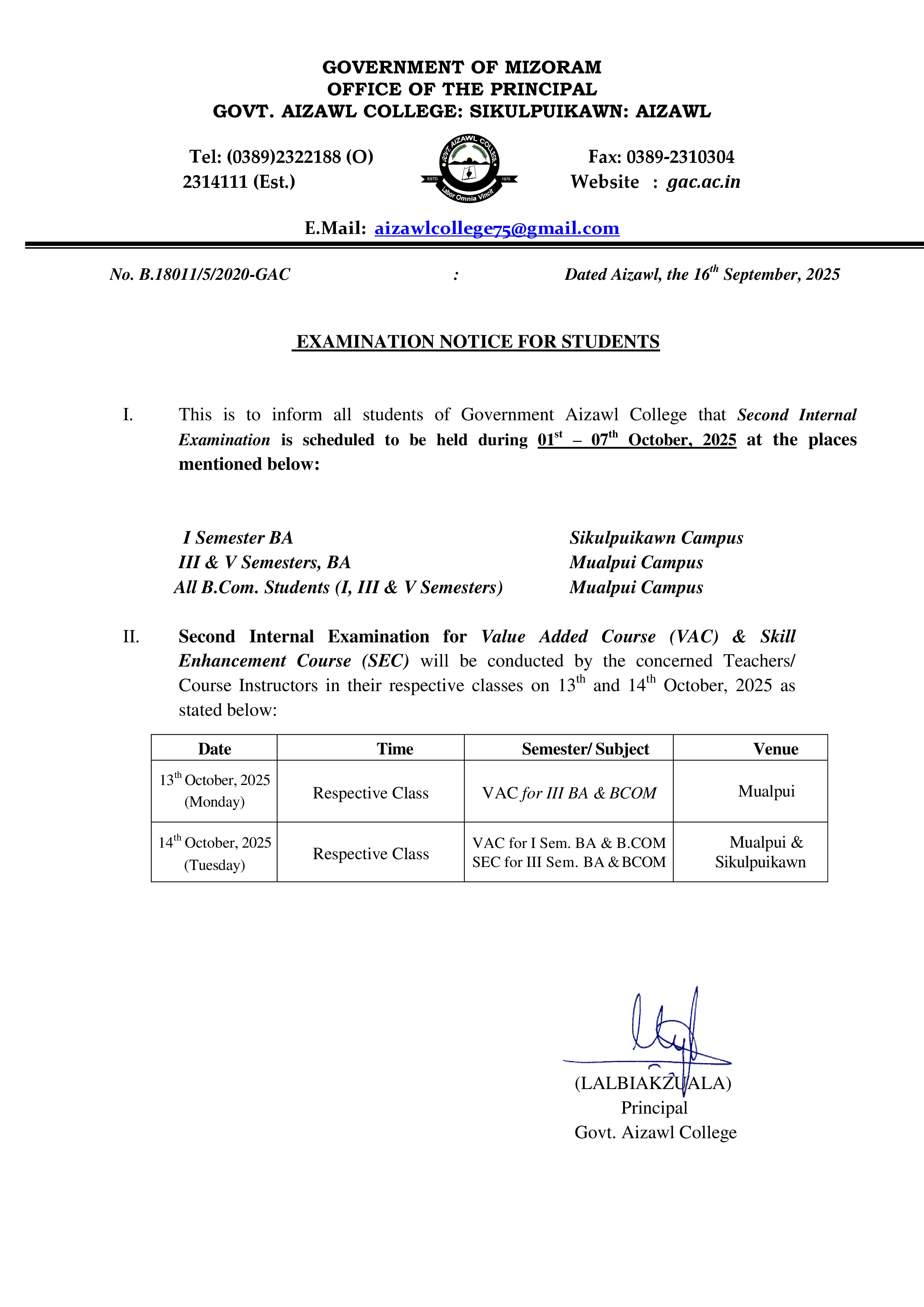 Notice for Second Internal Exams Dt 16.09.2025