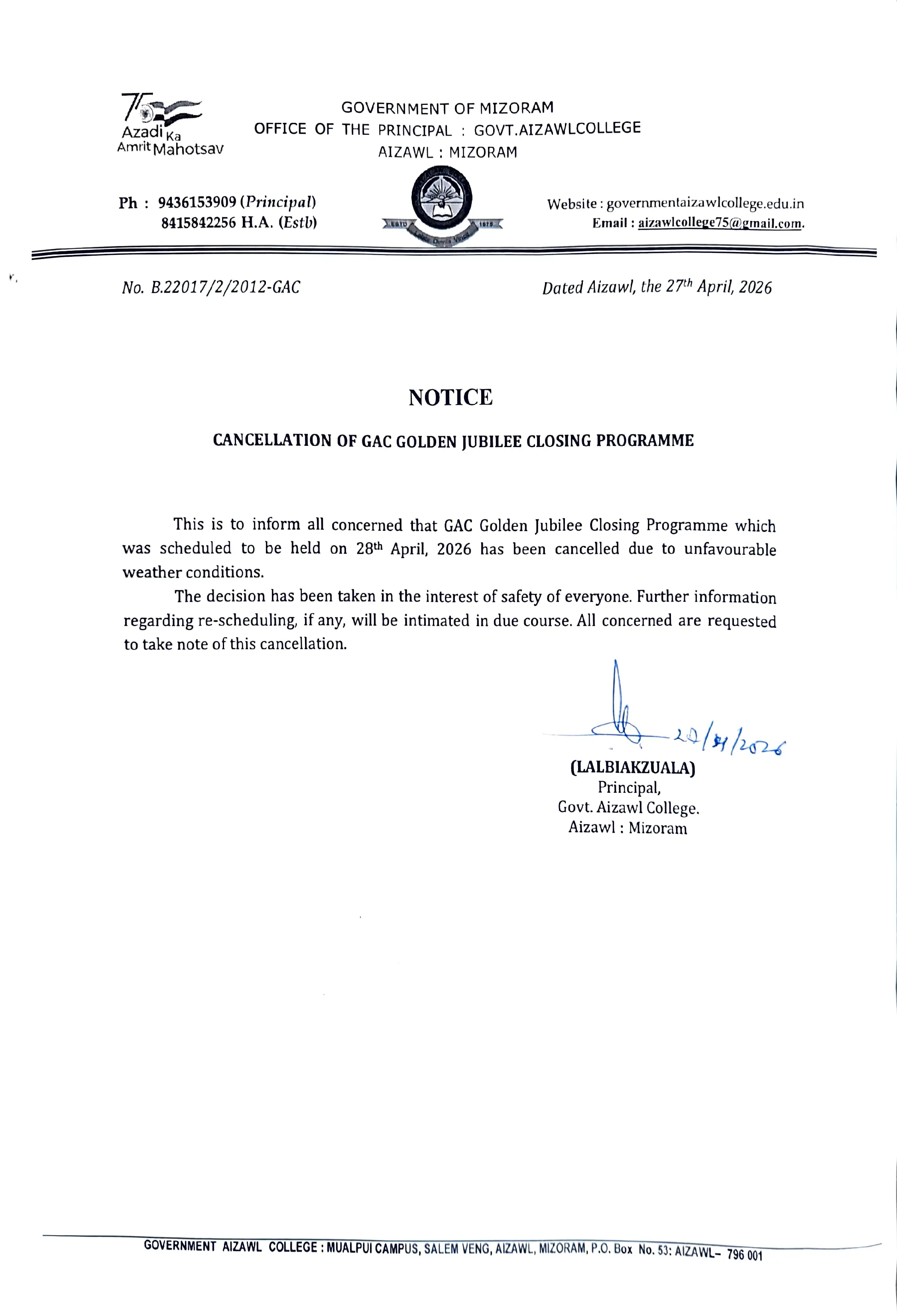 2026.04.27 Postponement of Golden Jubillee Closing Function