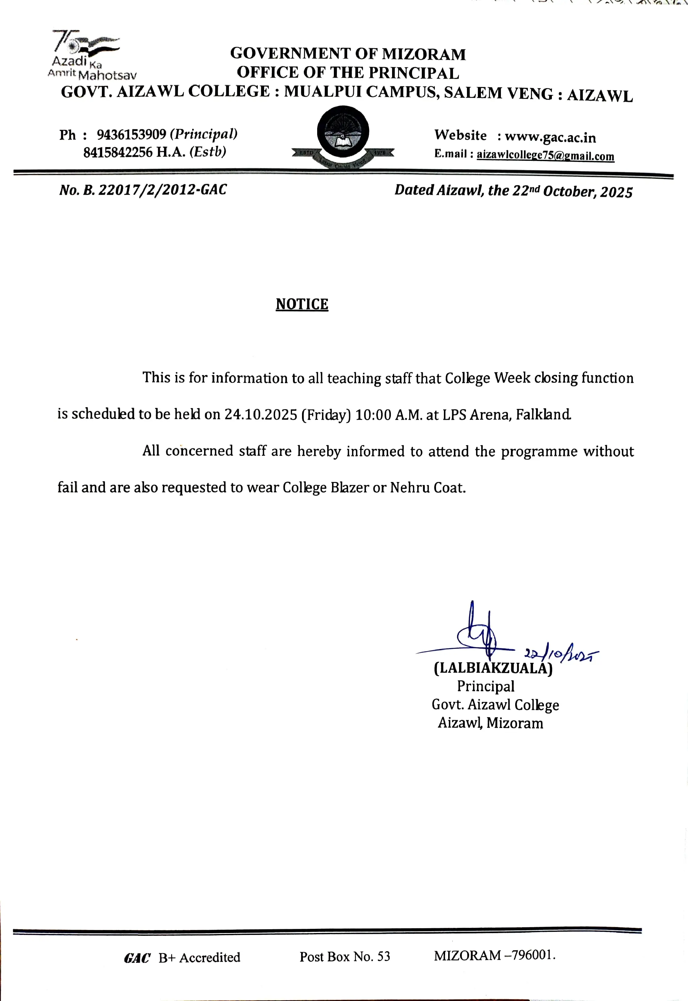 Notice regarding College Week Closing Dt 22.10.2025