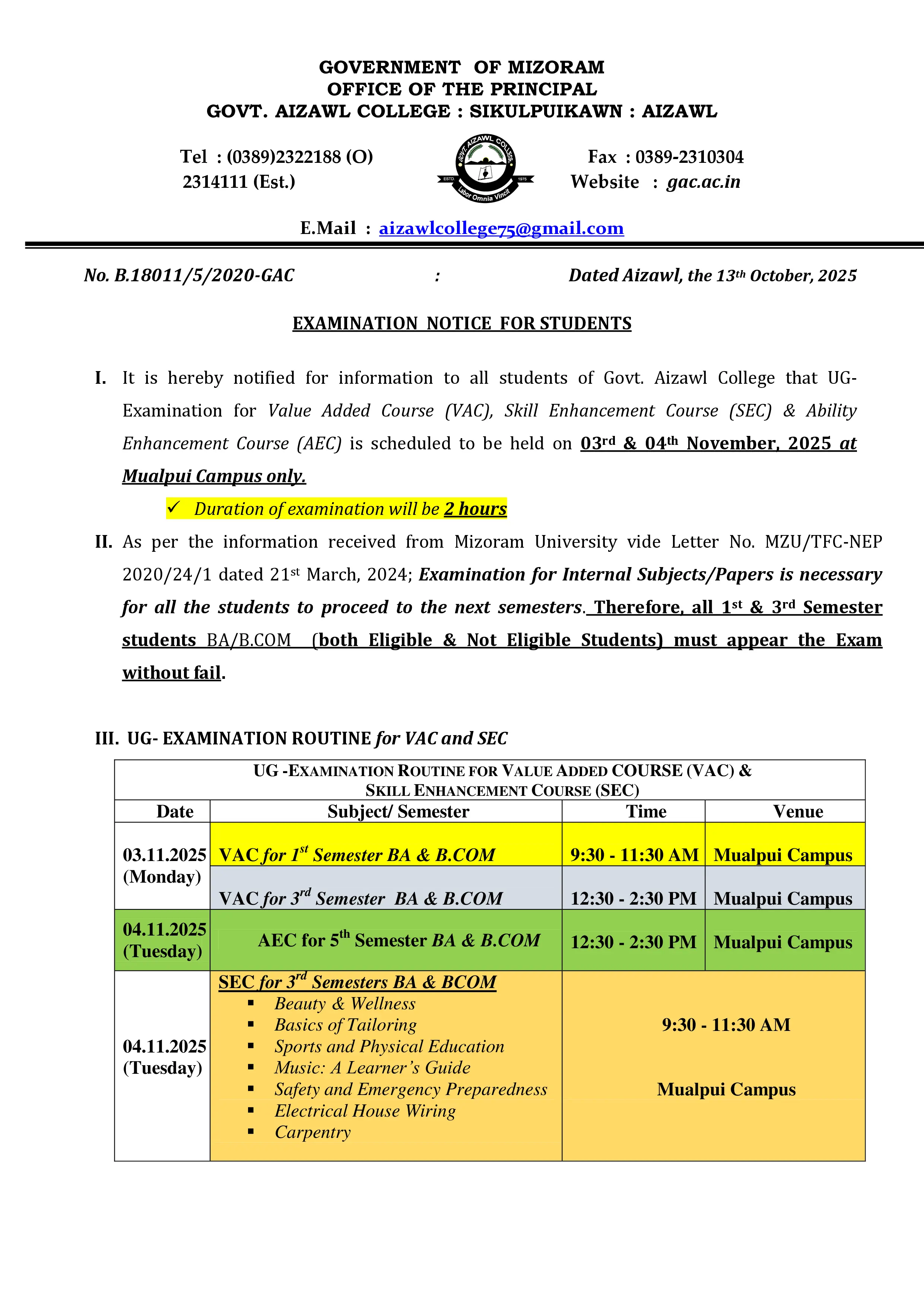 VAC, SEC & AEC Exam Notice Dt 13.10.2025