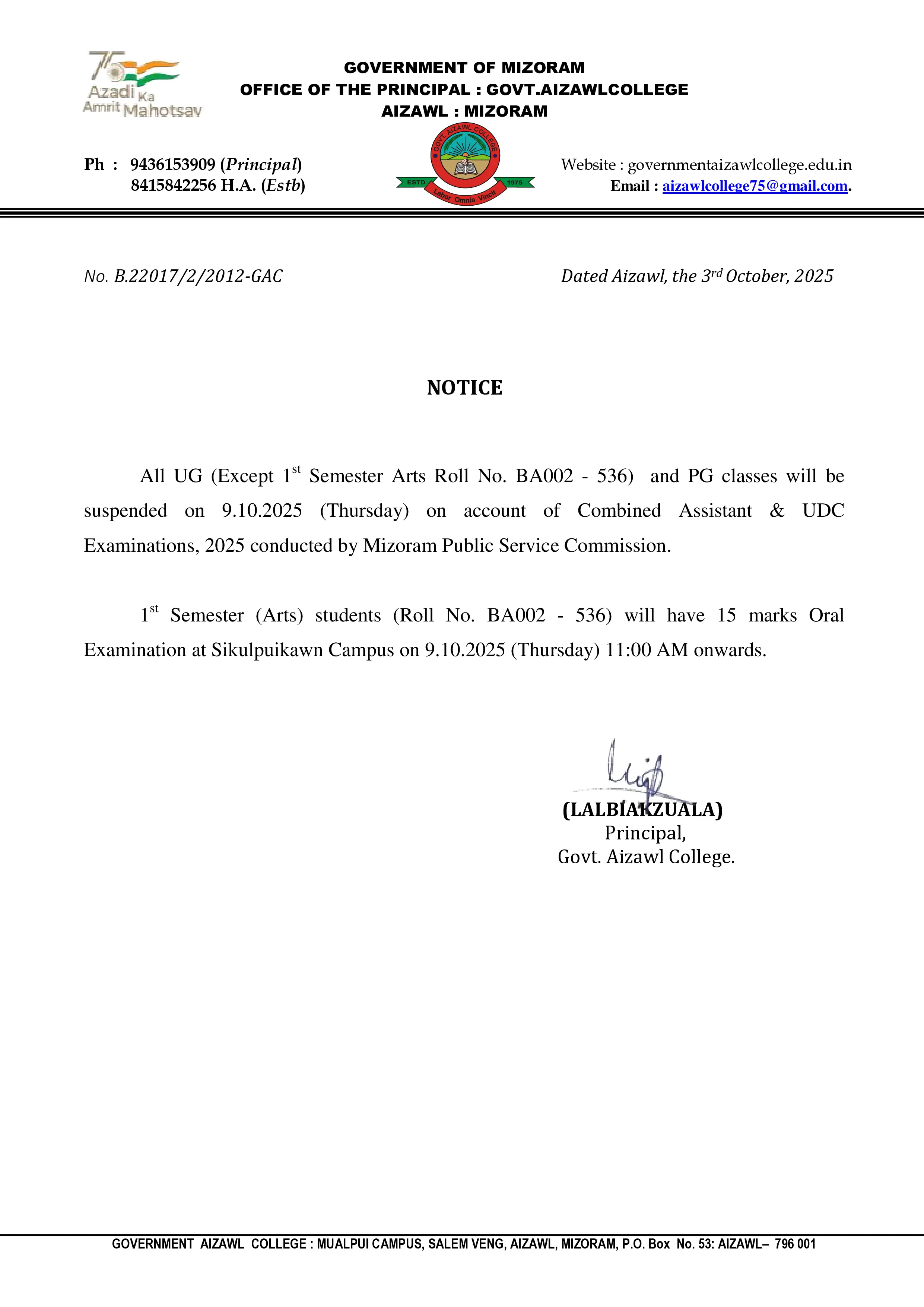 Class Suspension Notice Dt 03.10.2025