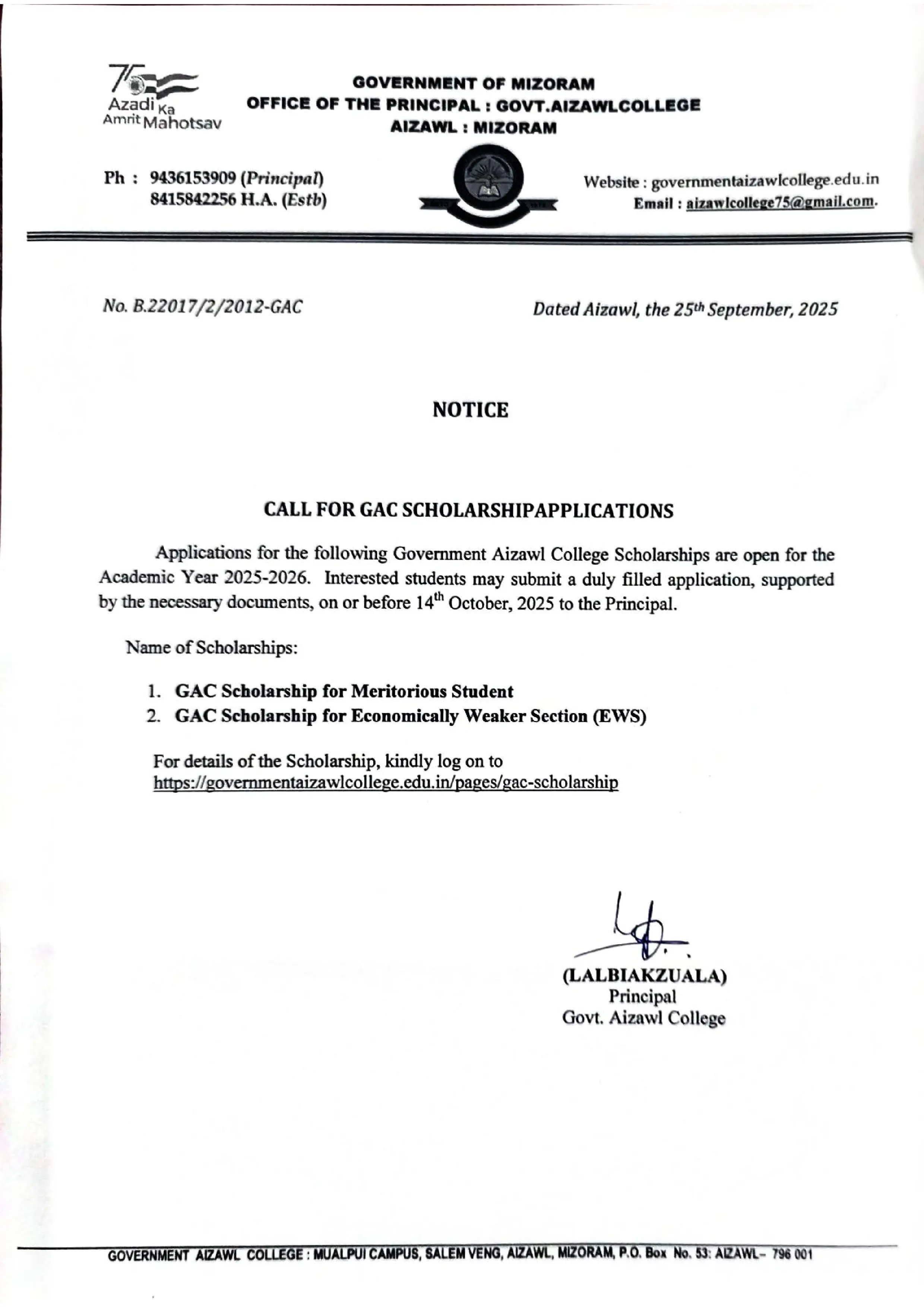 GAC Scholarship Notice Dt 25.09.2025