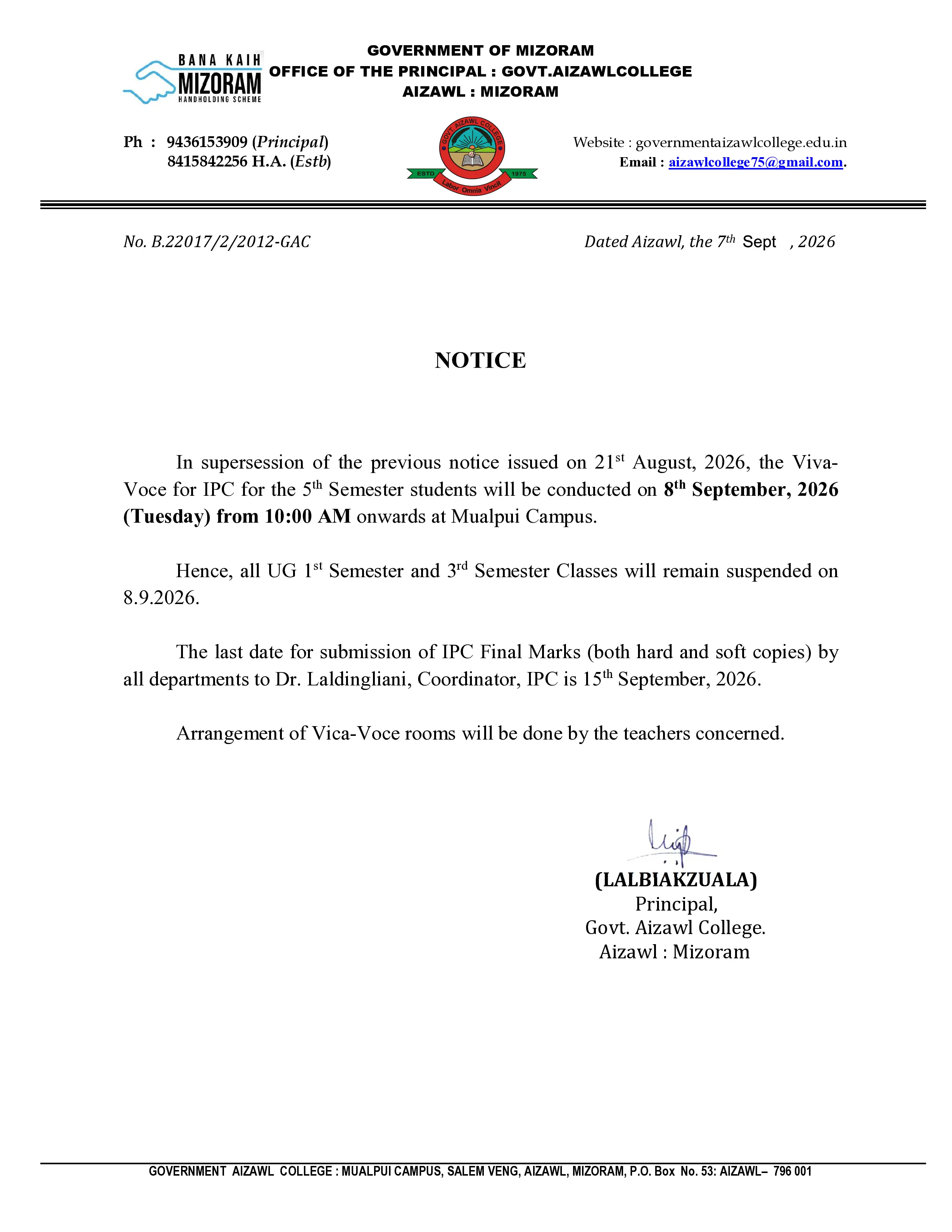 2026.09.07 IPC Viva Voce Exam & Class Suspension Notice