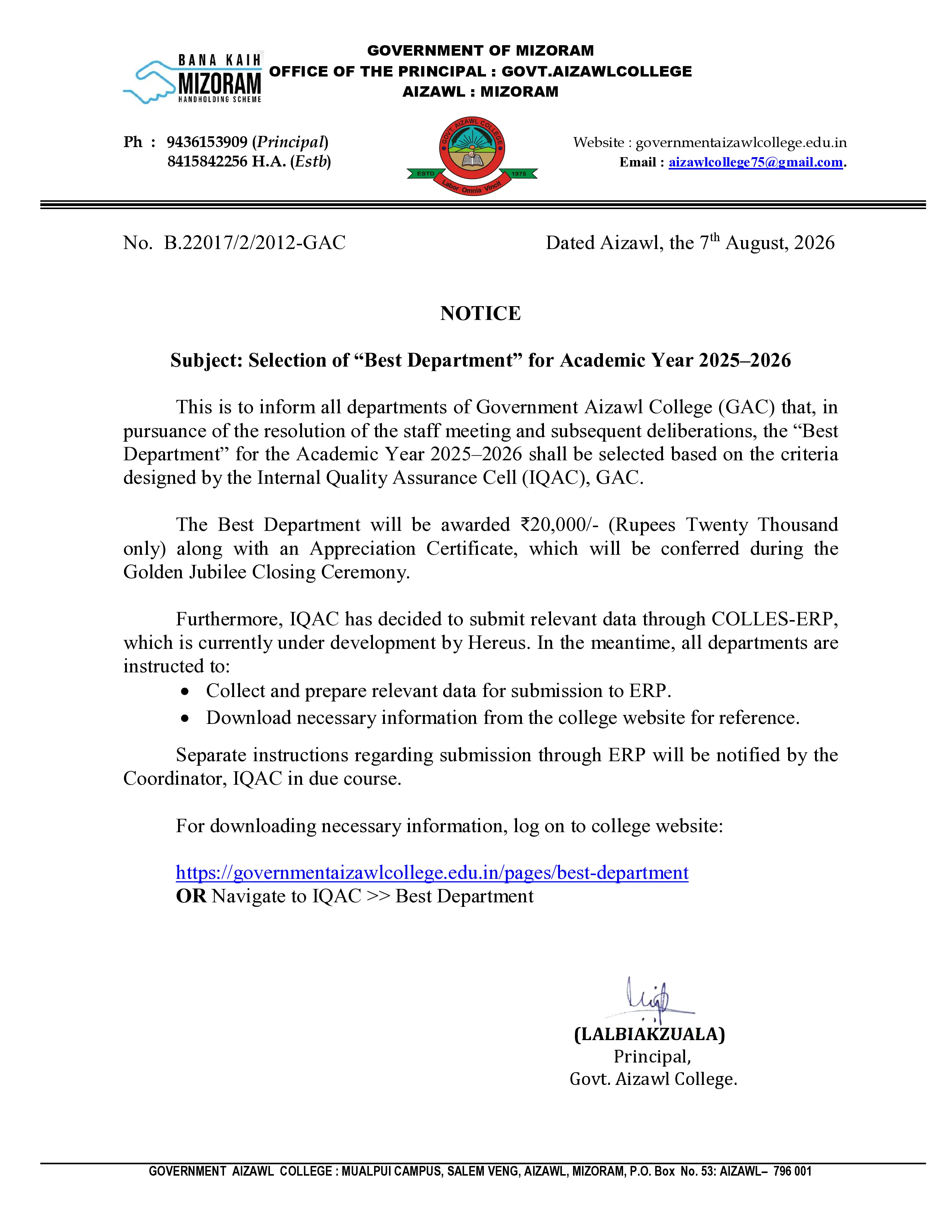 2026.08.07 Notice for Best Department Selection 2026.08.07 Notice for Best Department Selection