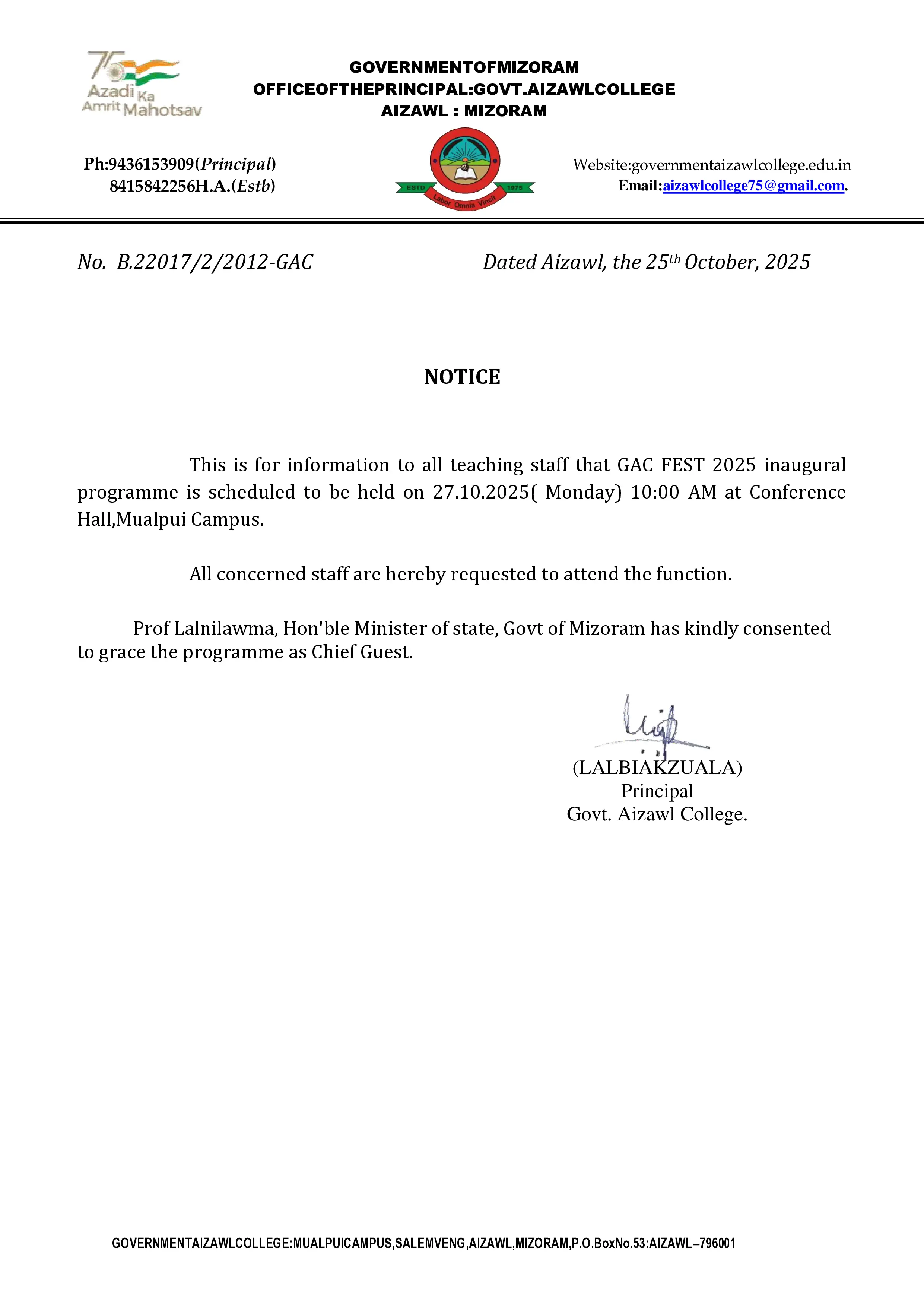 GAC FEST 2025 Inaugural Programme Notice for Teaching Staff Dt 25.10.2025