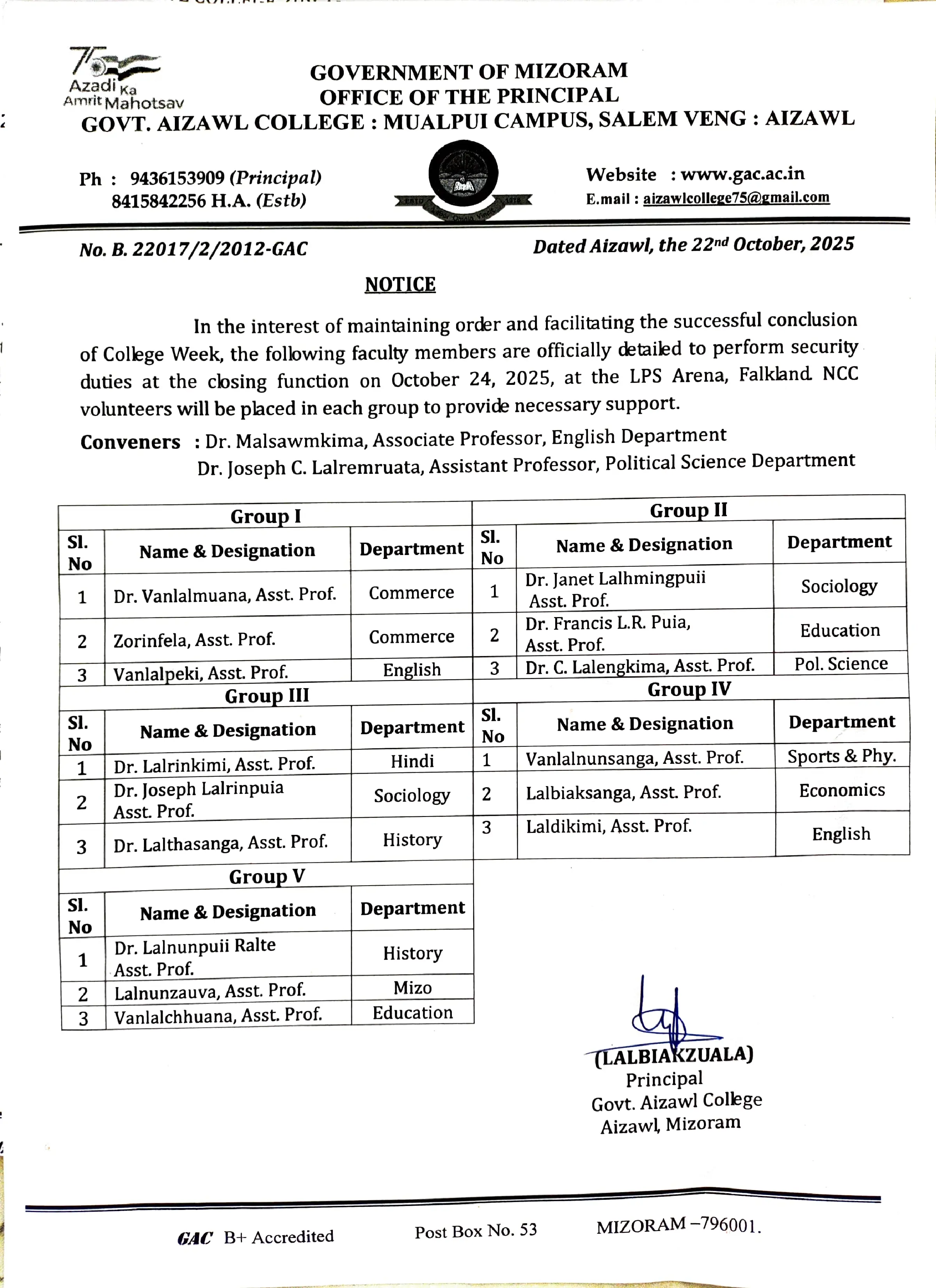 Security Duty Detailment for College Week Closing Function Dt 22.10.2025