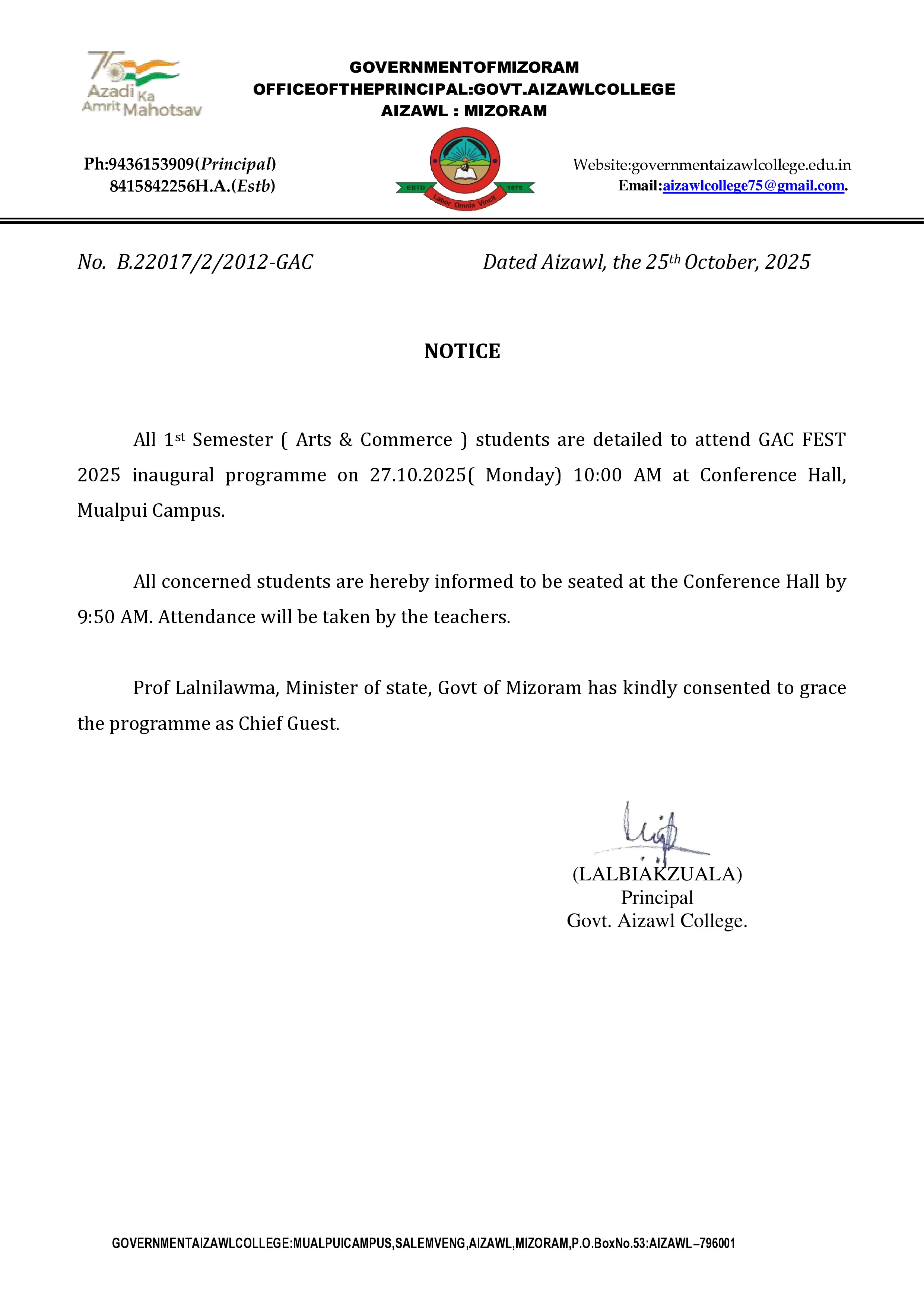 GAC FEST 2025 Inaugural Prog Notice for Sem-I Dt 25.10.2025