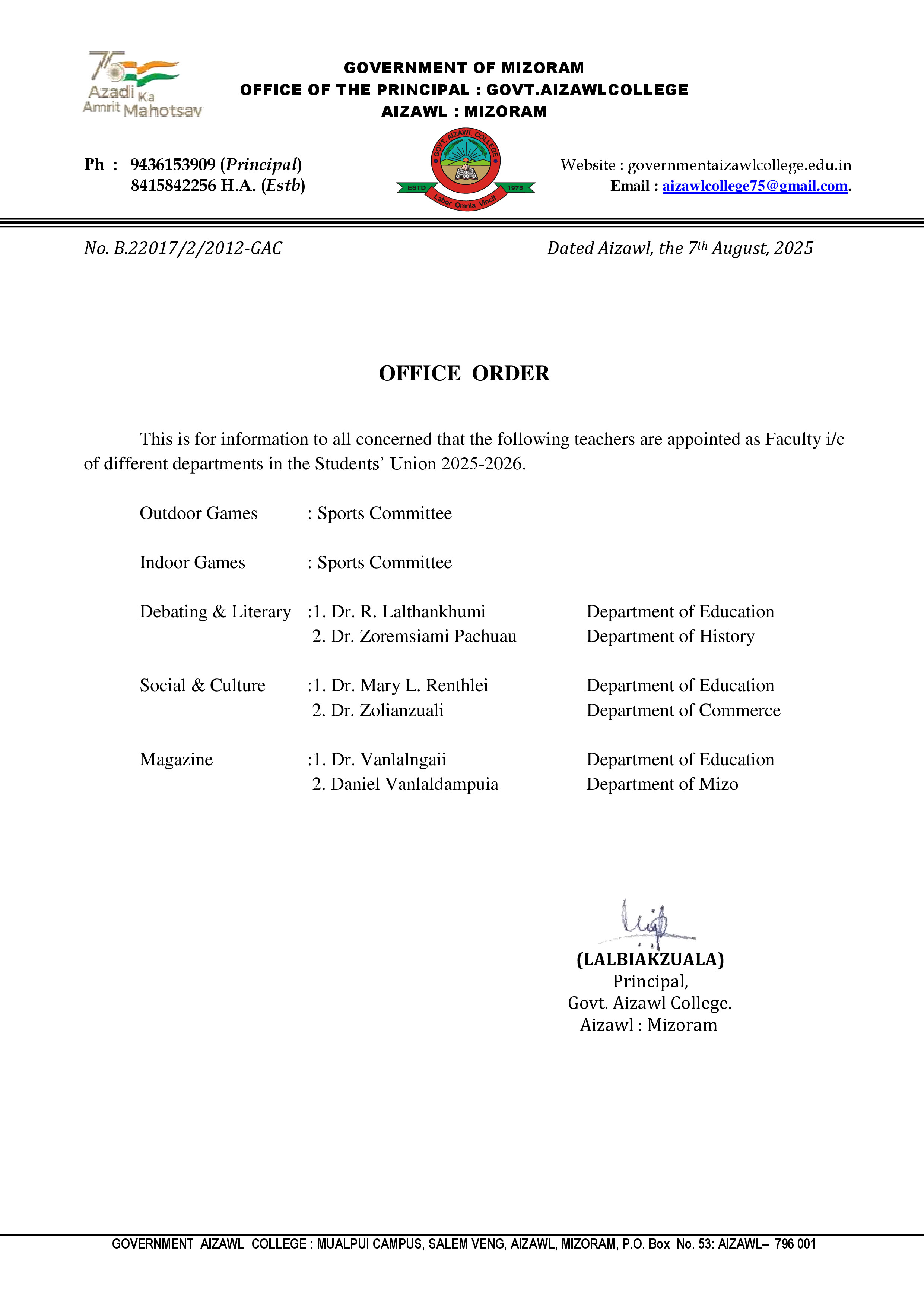 Faculty-in-charge of S.U. 2025 Dt 07.08.2025